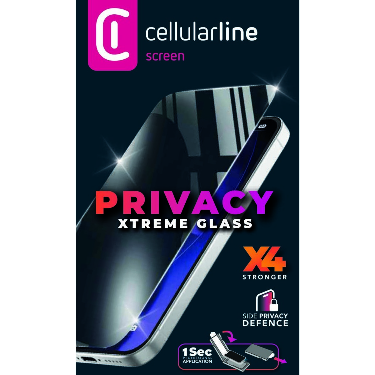 Cellularline Privacy Xtreme Glass Displayschutz für Smartphones mit dunklem Hintergrund und Icons.
