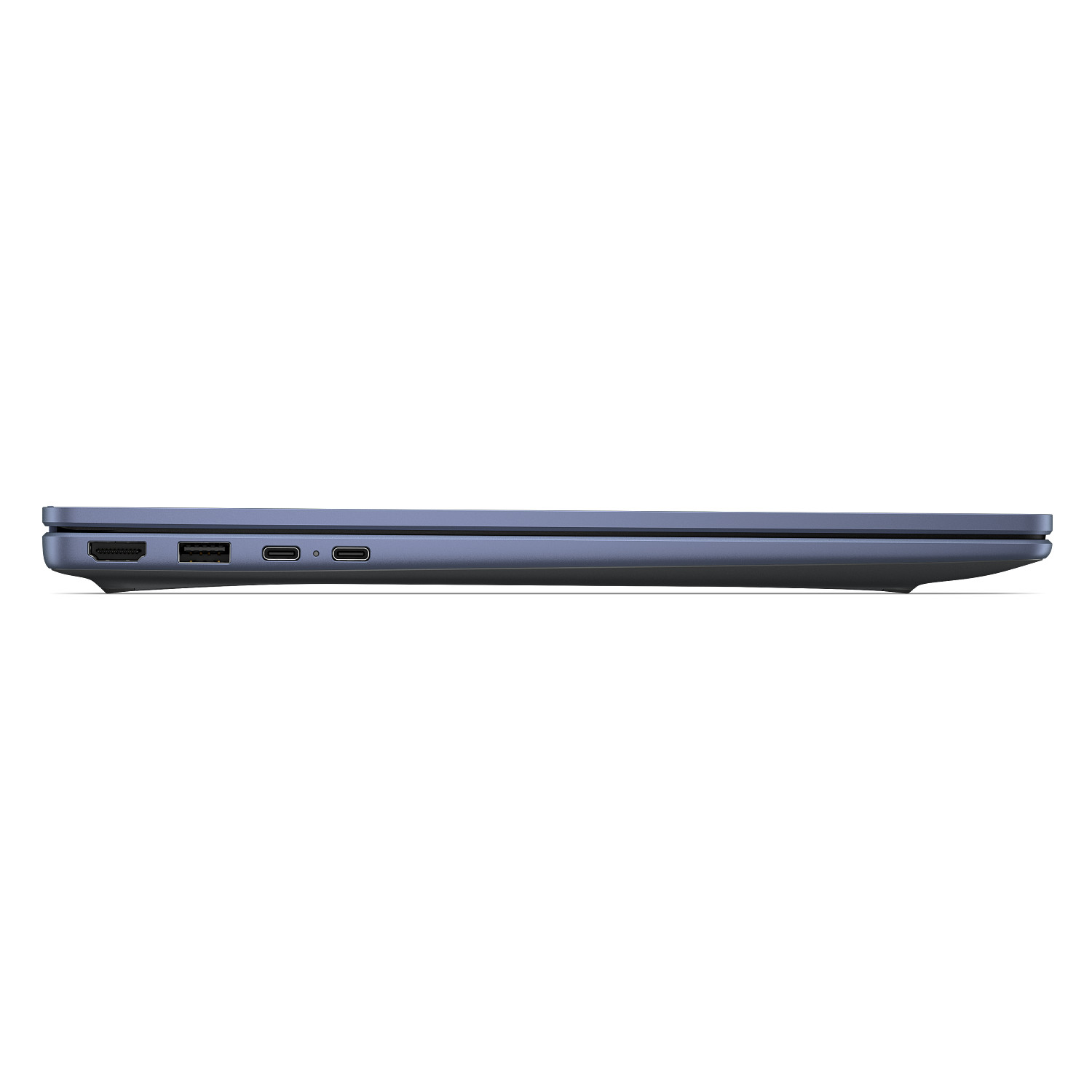 Vista lateral de un portátil azul cerrado con puertos HDMI, USB y USB-C.