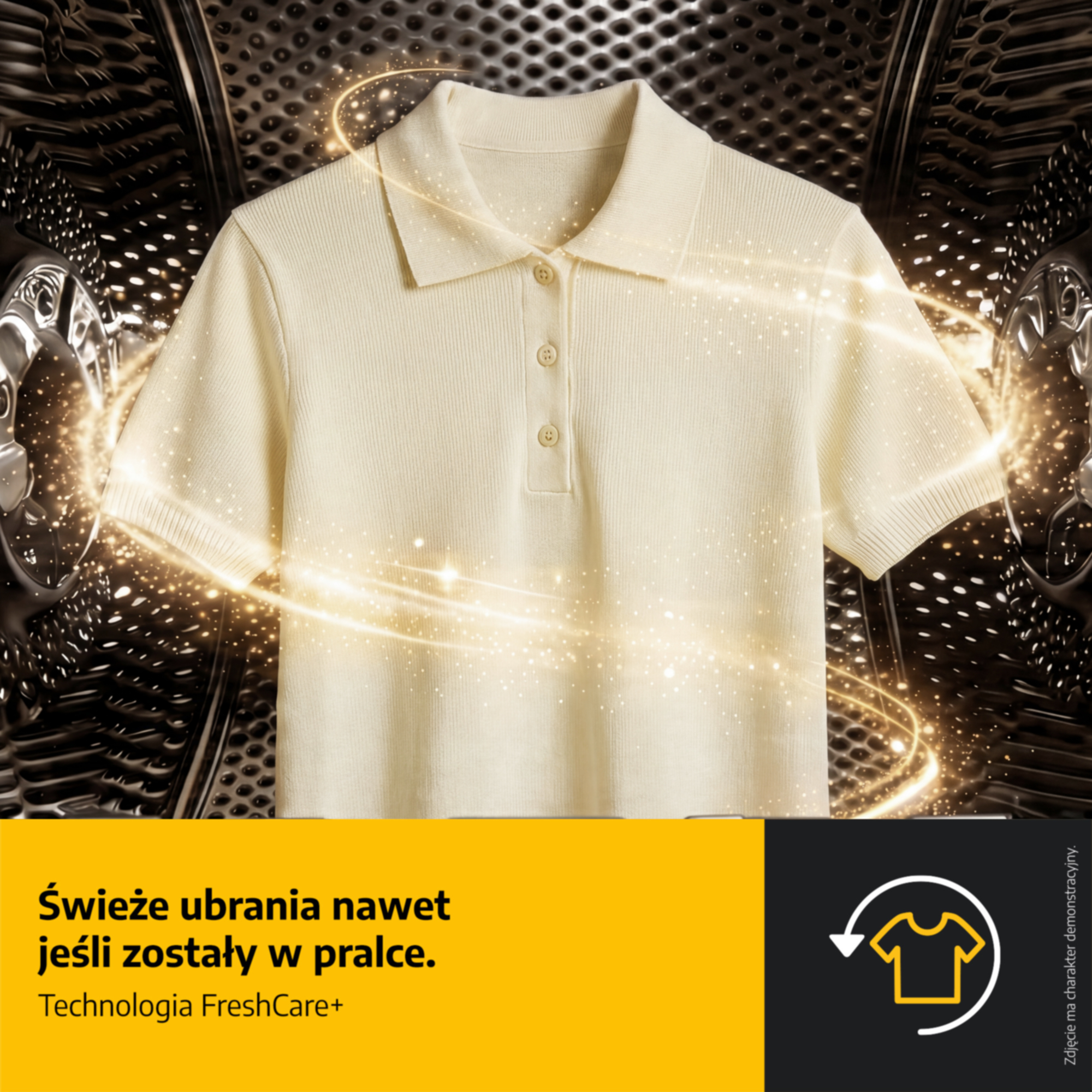 Beżowa koszulka polo w pralce ze złotymi efektami świetlnymi i tekstem.