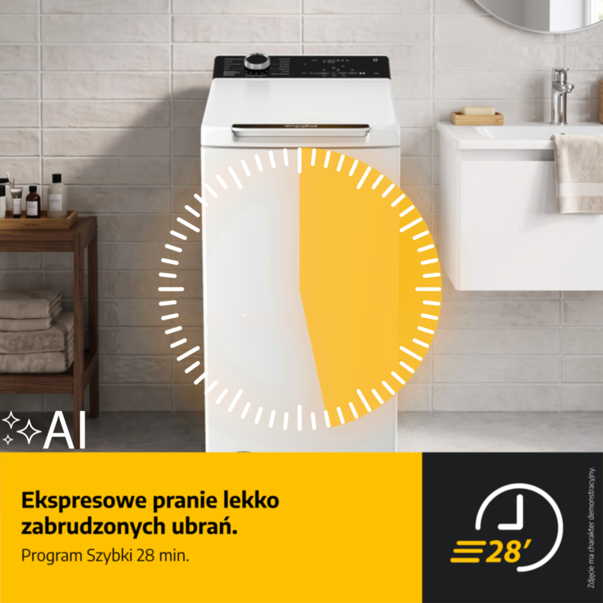 Biała pralka ładowana od góry z żółtą grafiką zegara dla 28-minutowego programu szybkiego prania.