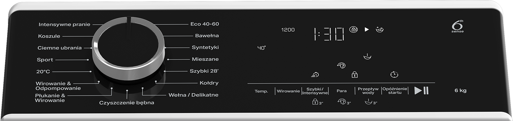 Panel sterowania pralki z okrągłym pokrętłem wyboru programów po lewej stronie oraz wyświetlaczem i przyciskami po prawej.