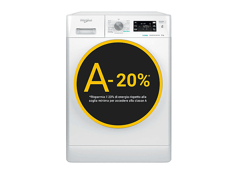 WHIRLPOOL FFB 848 BSV IT LAVATRICE, Caricamento frontale, 8 kg, 14 programmi, Profondità 63 cm, Giri 1400 rpm, Bianco, livello rumorosità centrifuga 78 dB(A), Classe A