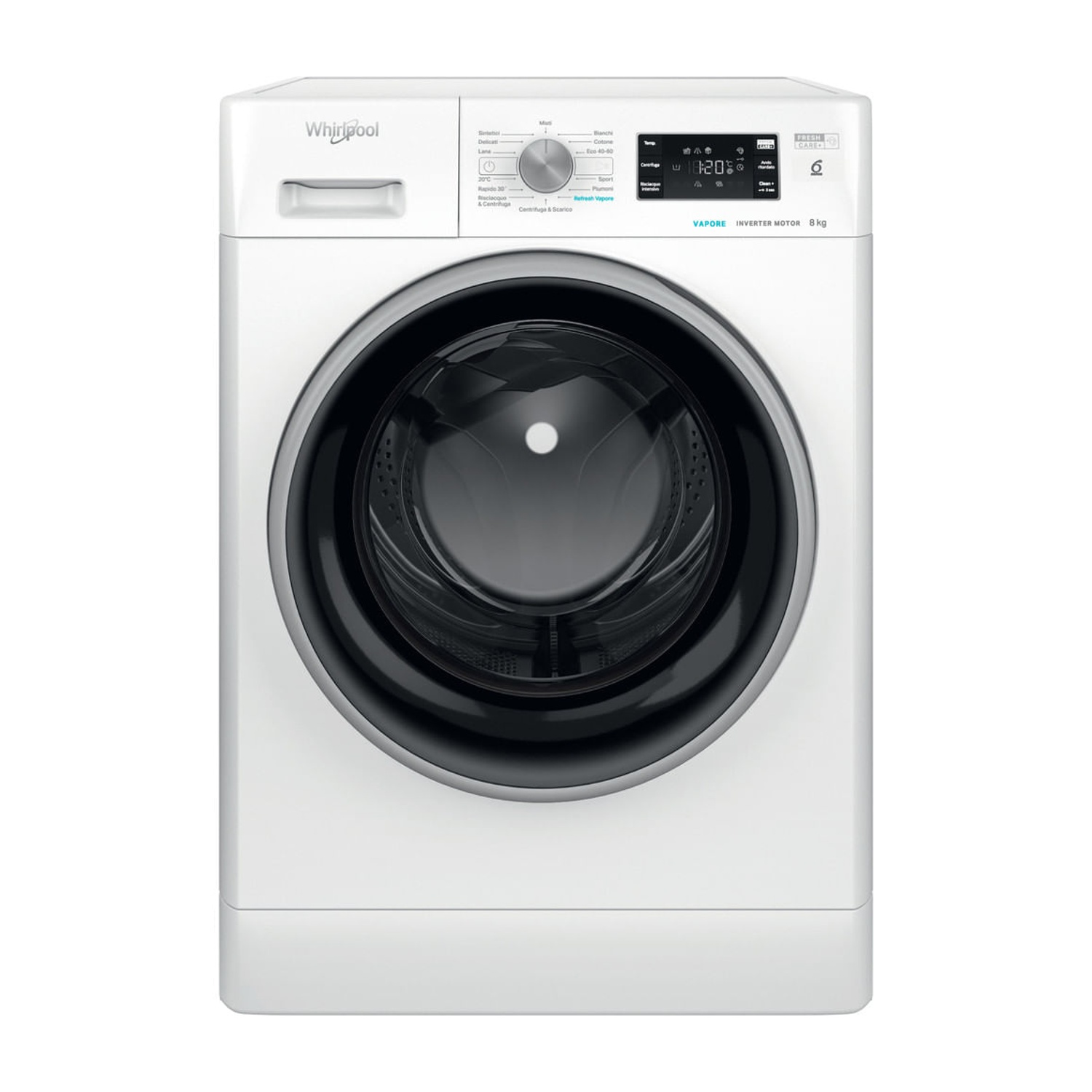 Una lavatrice Whirlpool bianca a carica frontale con display digitale eoblò nero.