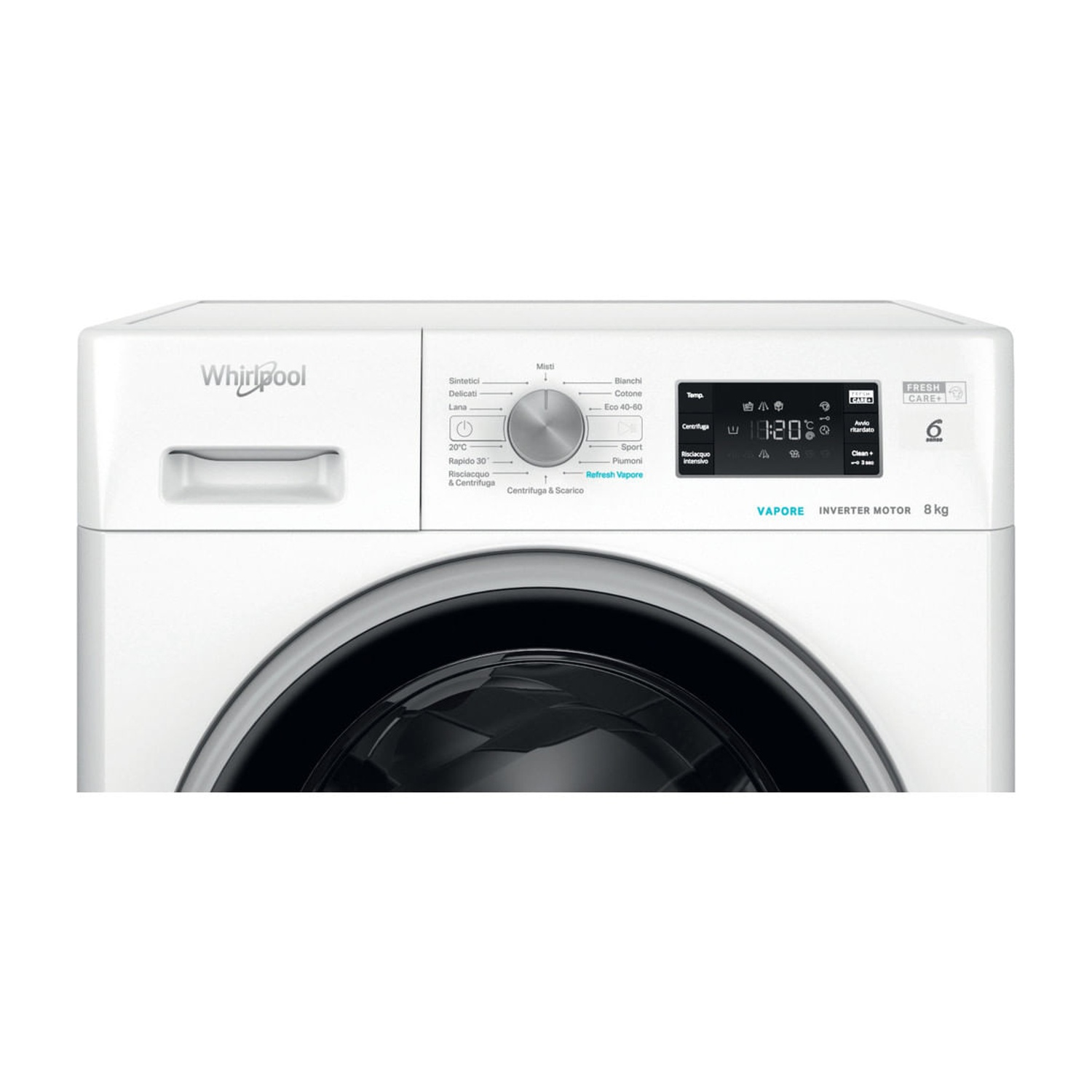 Pannello di controllo di una lavatrice bianca Whirlpool con manopola centrale, display digitale e opzioni.