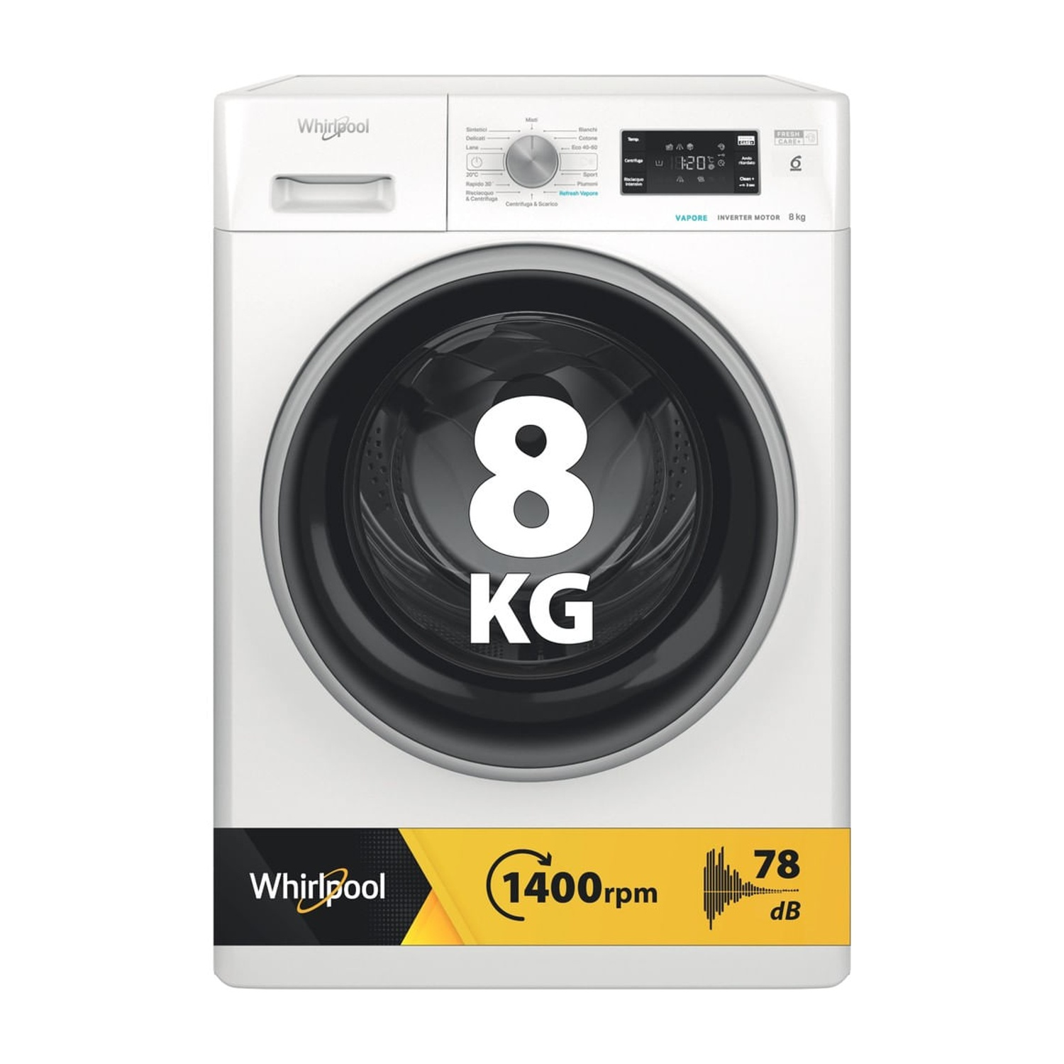 Lavatrice a carica frontale Whirlpool bianca con capacità di 8 kg e display digitale.