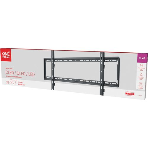 Embalaje del soporte de pared para TV One For All, mostrando el soporte metálico negro y especificaciones para 32-90 pulgadas.
