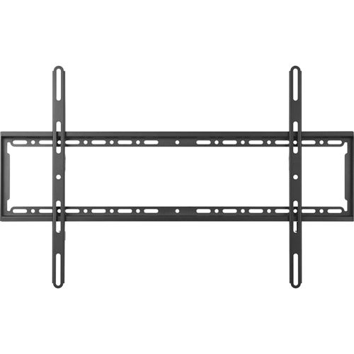 Soporte de pared para TV negro con un marco horizontal y dos rieles verticales.