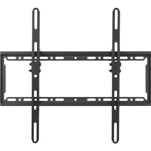 Soporte de pared para TV negro con un marco rectangular y dos rieles verticales sobre fondo neutral.