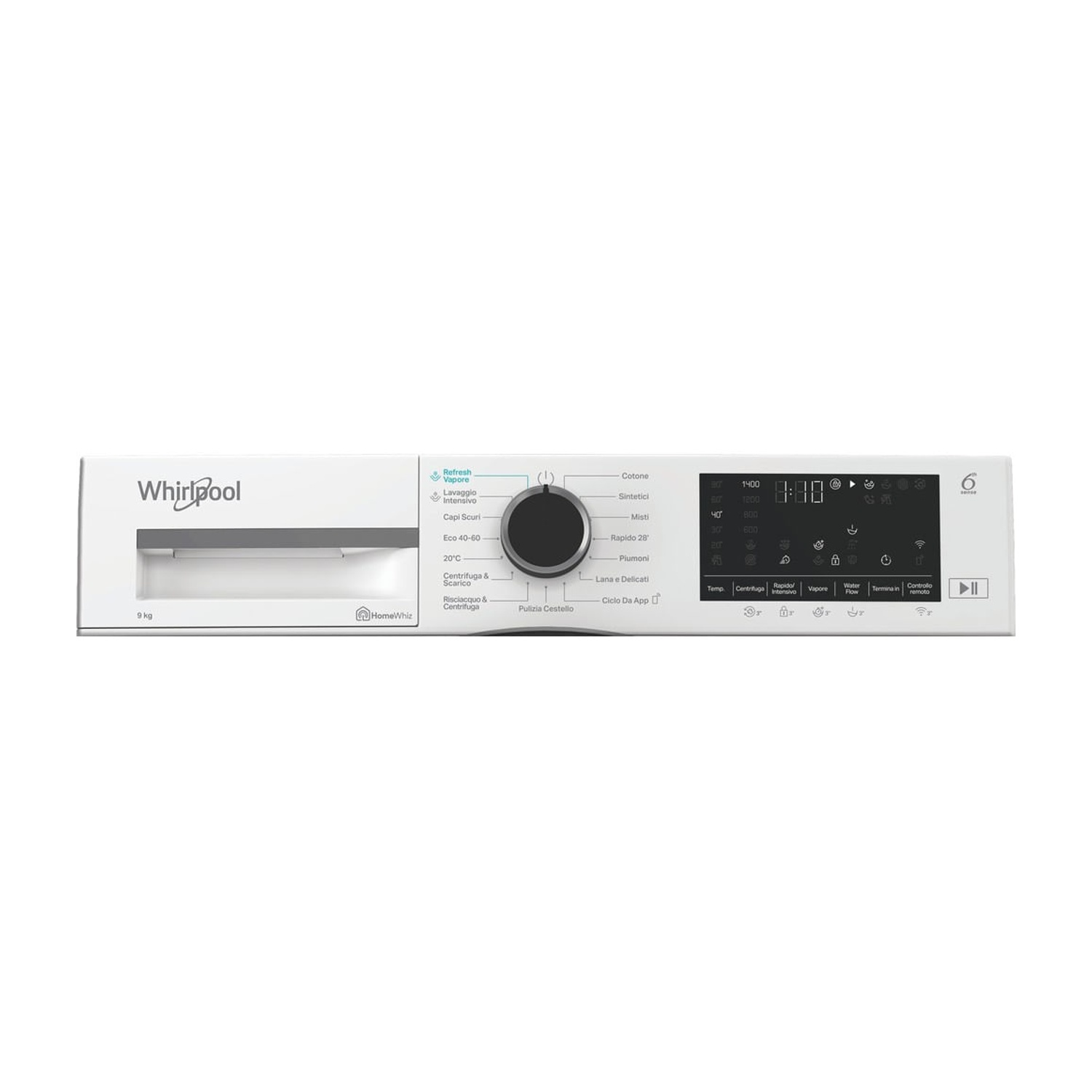 Pannello di controllo bianco di una lavatrice Whirlpool con manopola e display digitale.