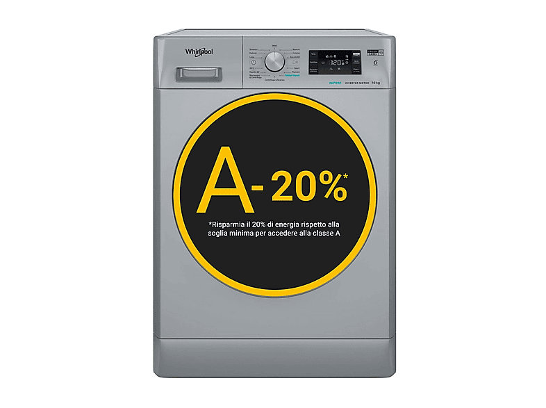 WHIRLPOOL FFB 108 SILVER IT LAVATRICE, Caricamento frontale, 10 kg, 14 programmi, Profondità 60,5 cm, Giri 1400 rpm, Silver, livello rumorosità centrifuga 76 dB(A), Classe A