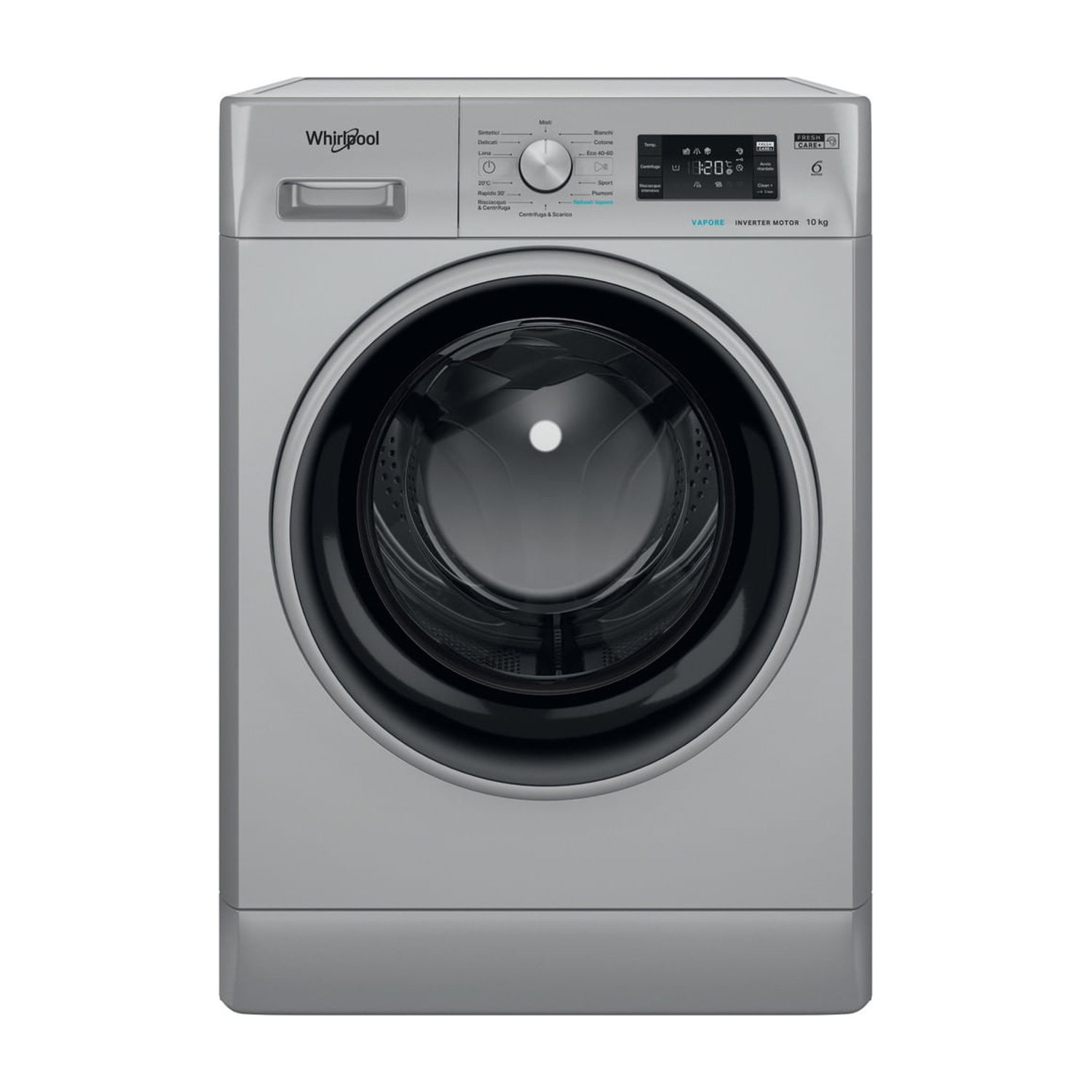 Vista frontale di una lavatrice Whirlpool argentata con oblò nero e display digitale.