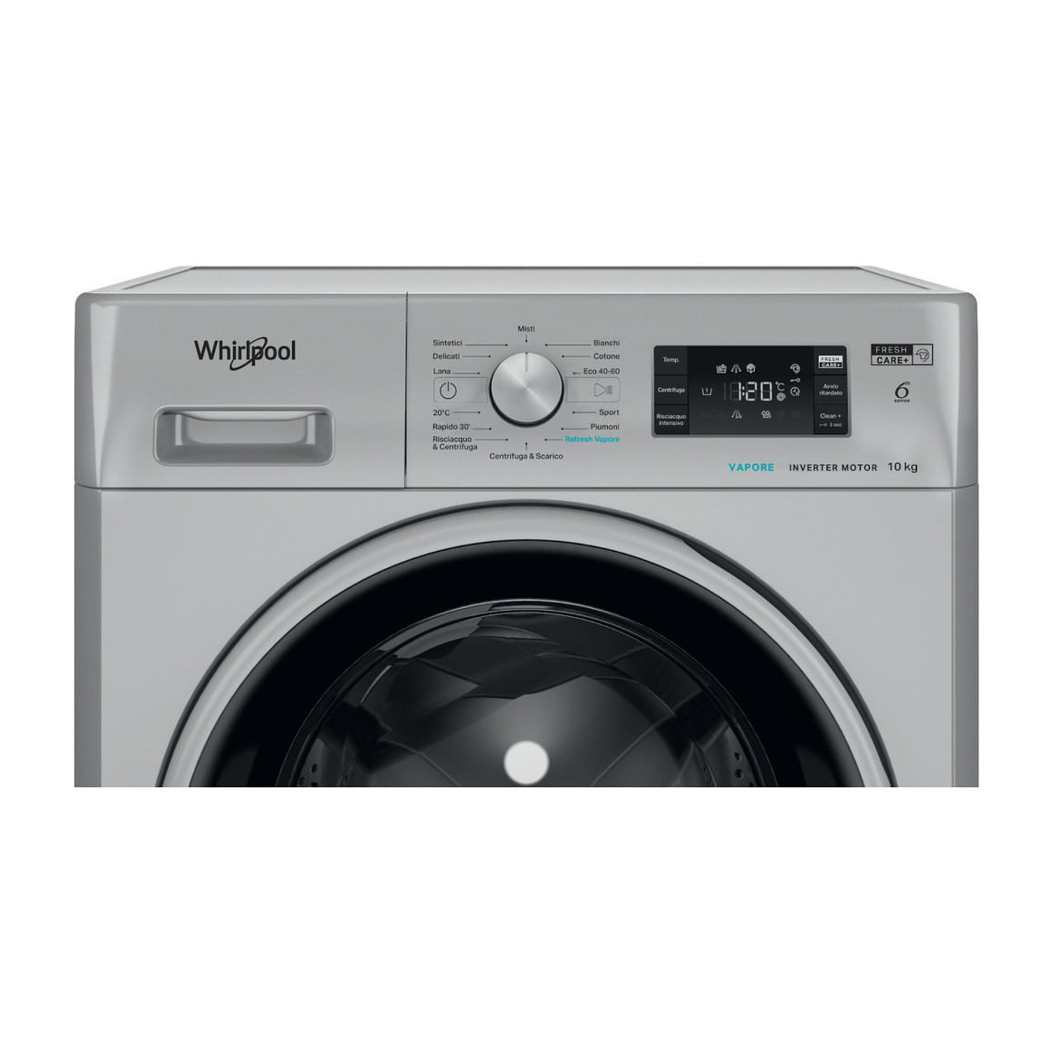Vista frontale di una lavatrice Whirlpool argentata con manopola di controllo e display digitale.