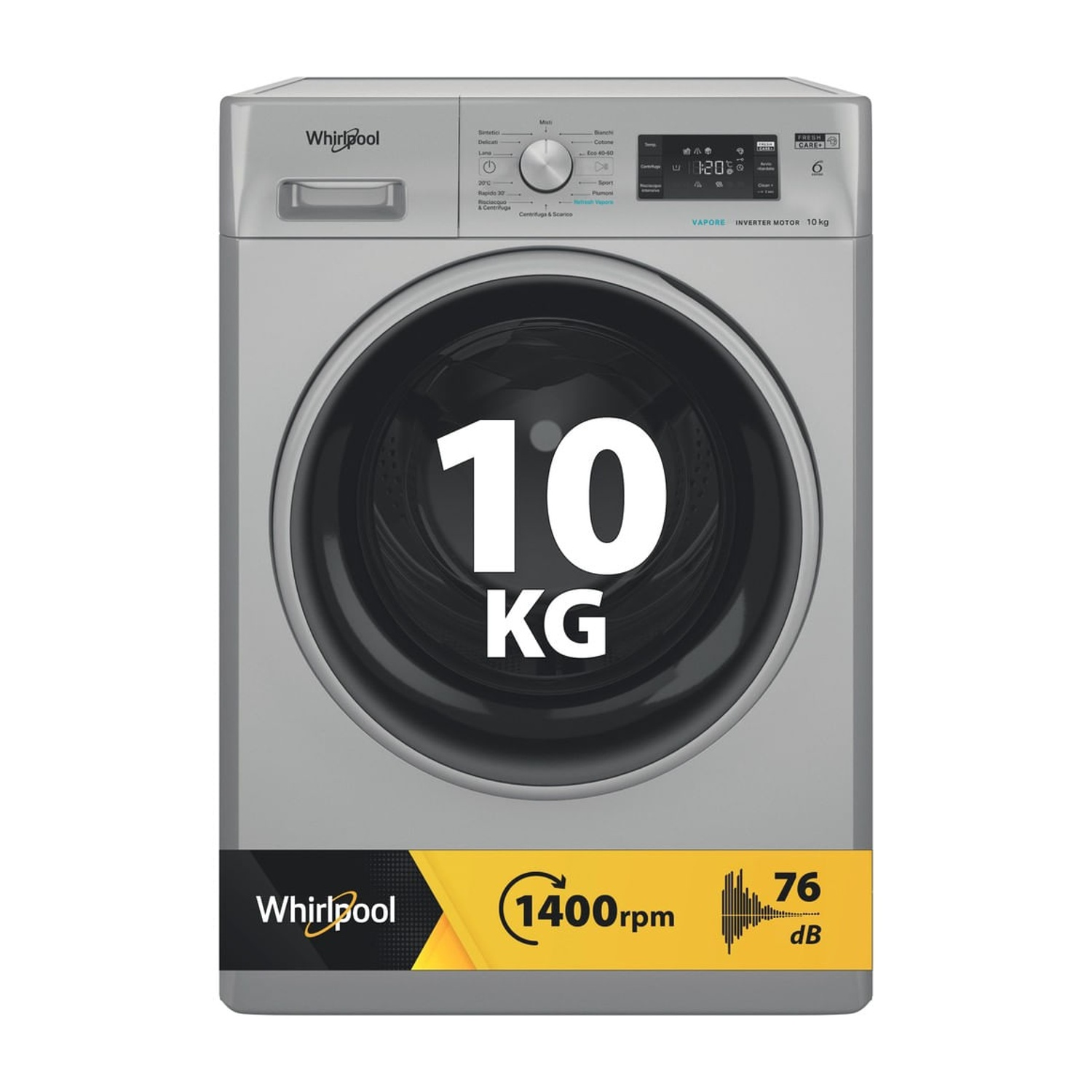 Vista frontale di una lavatrice Whirlpool argento con capacità di 10 kg e adesivi promozionali.