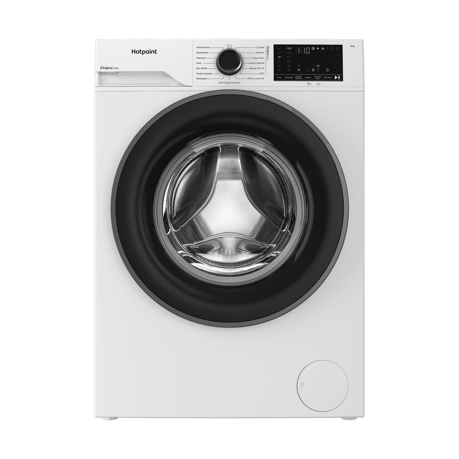 Una lavatrice a carica frontale Hotpoint bianca con manopola e display digitale.