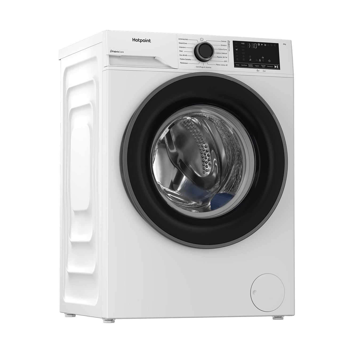 Una lavatrice bianca Hotpoint con oblò nero e pannello di controllo digitale, su sfondo bianco.