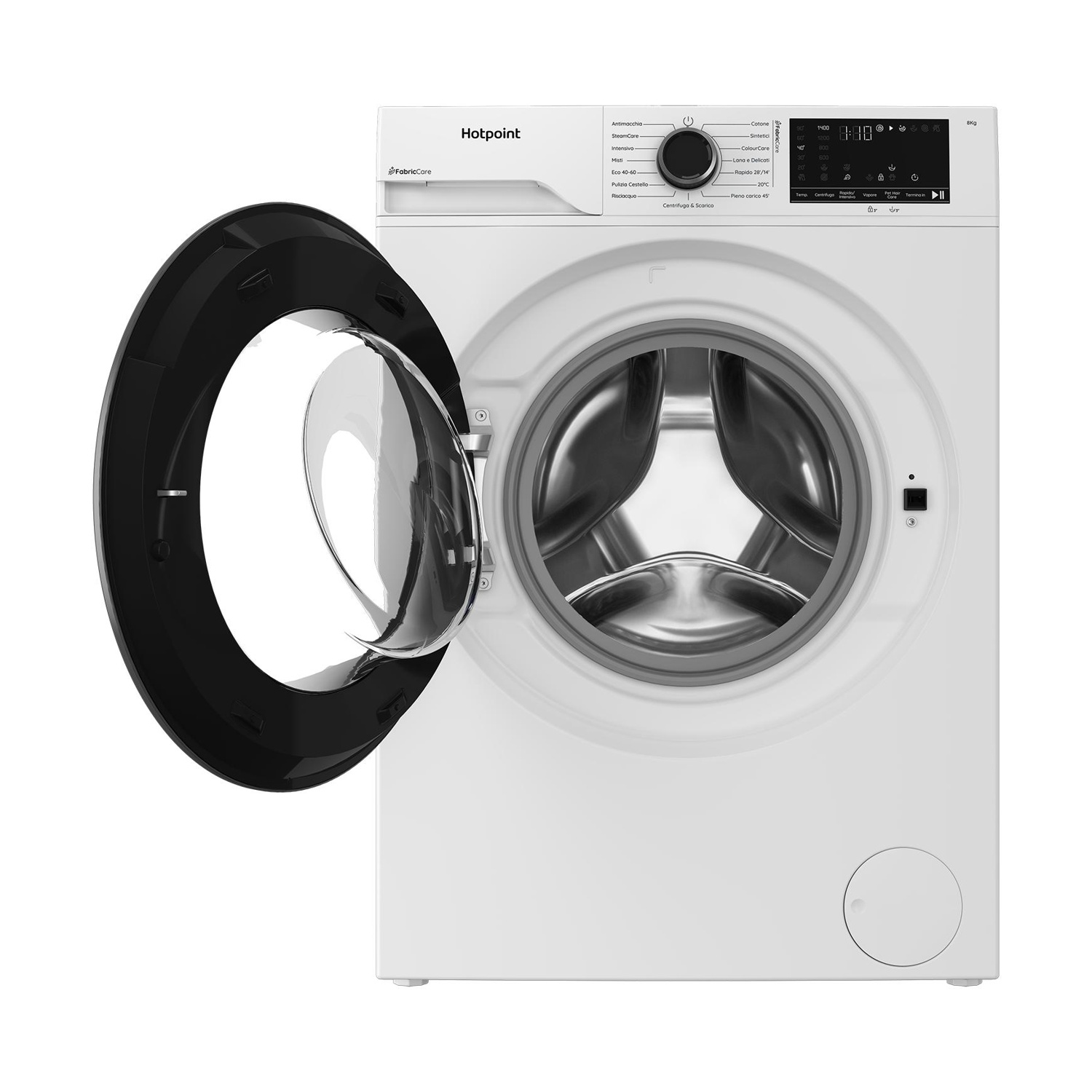 Lavatrice bianca Hotpoint con porta in vetro nero aperta e display digitale.