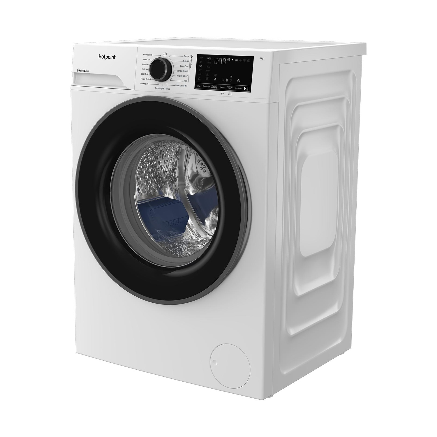 Una lavatrice bianca Hotpoint con oblò nero e display digitale su sfondo bianco.