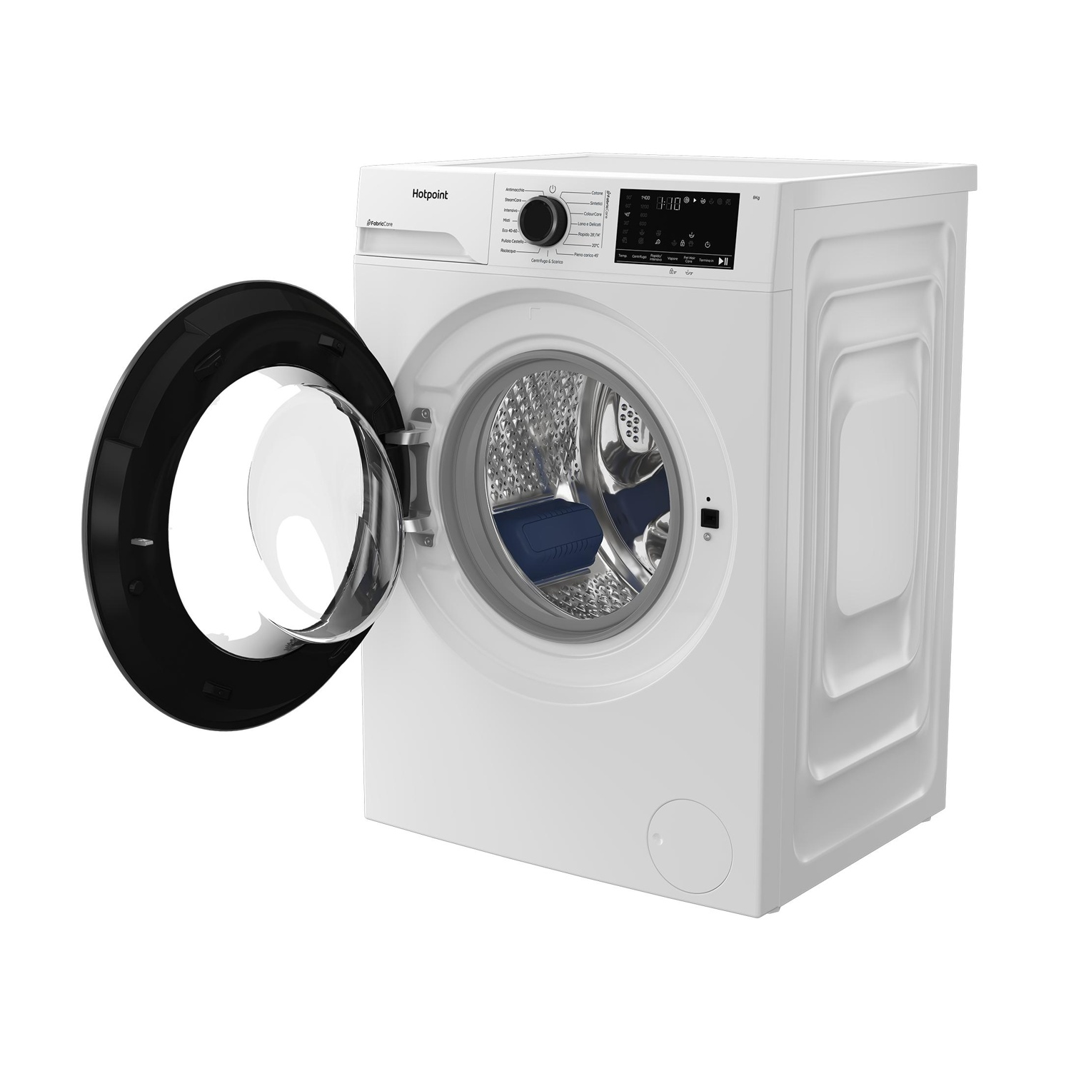 Lavatrice a carica frontale Hotpoint bianca con oblò nero aperto e pannello di controllo digitale su sfondo bianco.