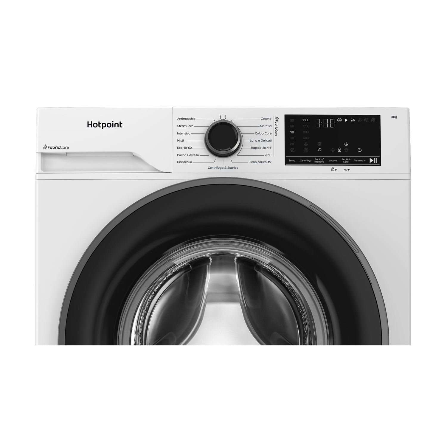 Vista frontale di una lavatrice Hotpoint bianca con manopola e display digitale.