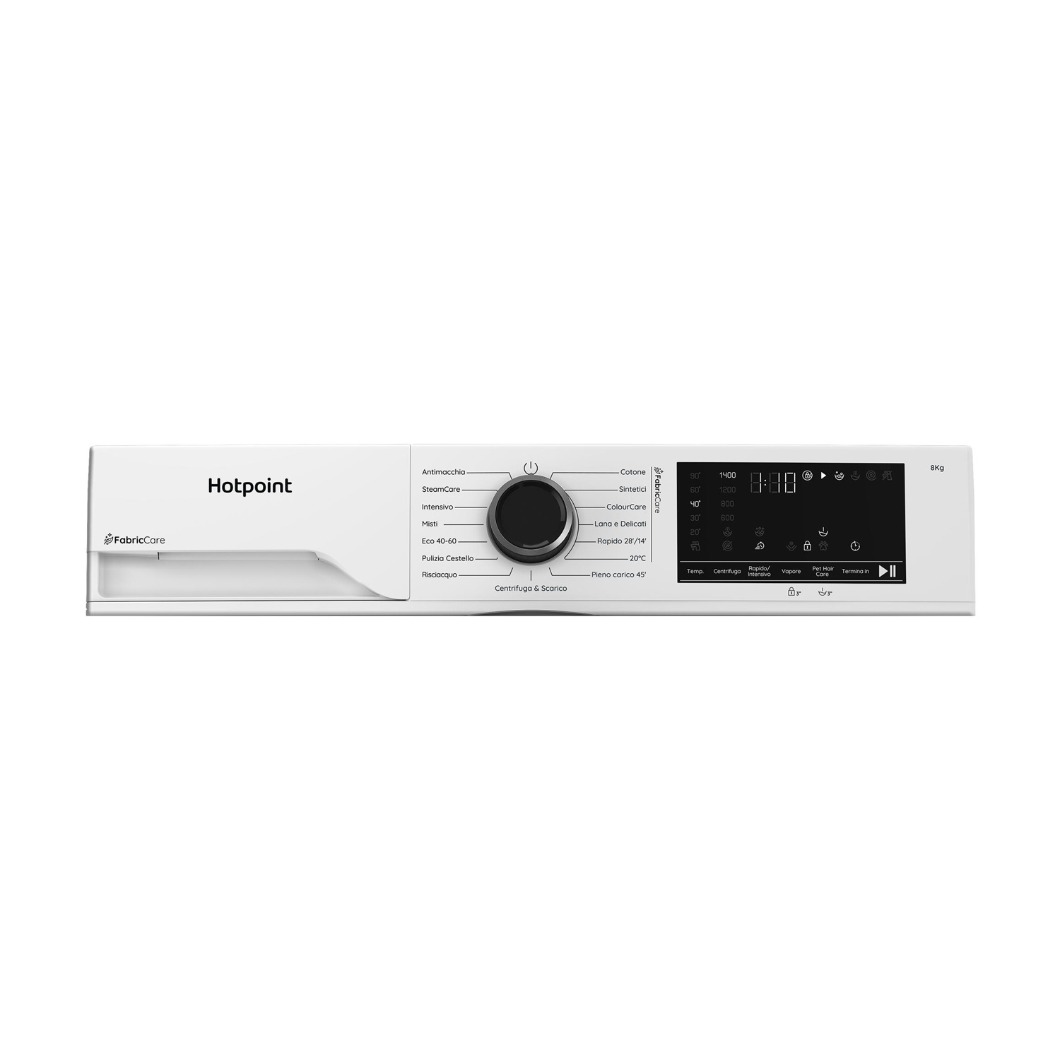 Pannello di controllo di una lavatrice bianca Hotpoint con manopola e display digitale.