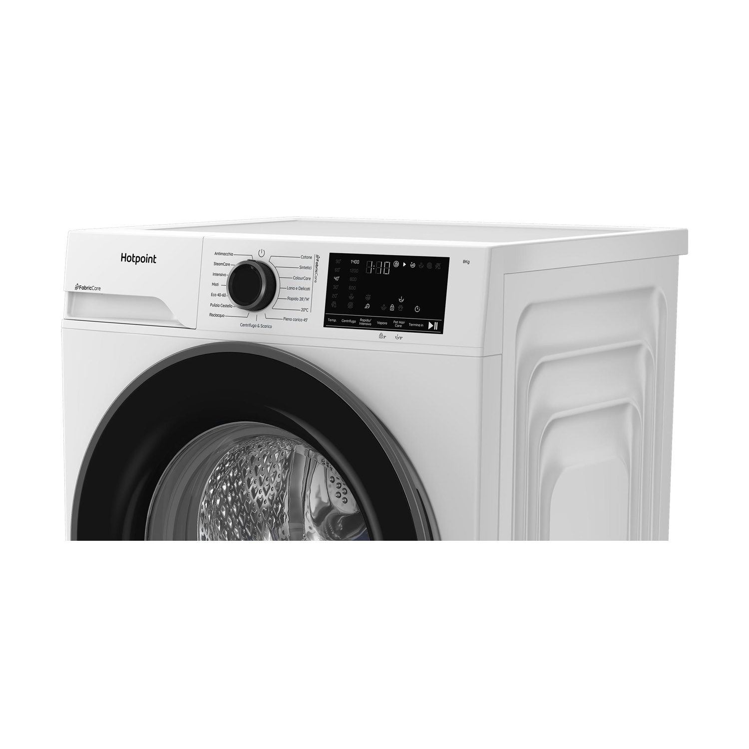 Una lavatrice bianca Hotpoint con pannello di controllo nero e oblò rotondo su sfondo bianco.