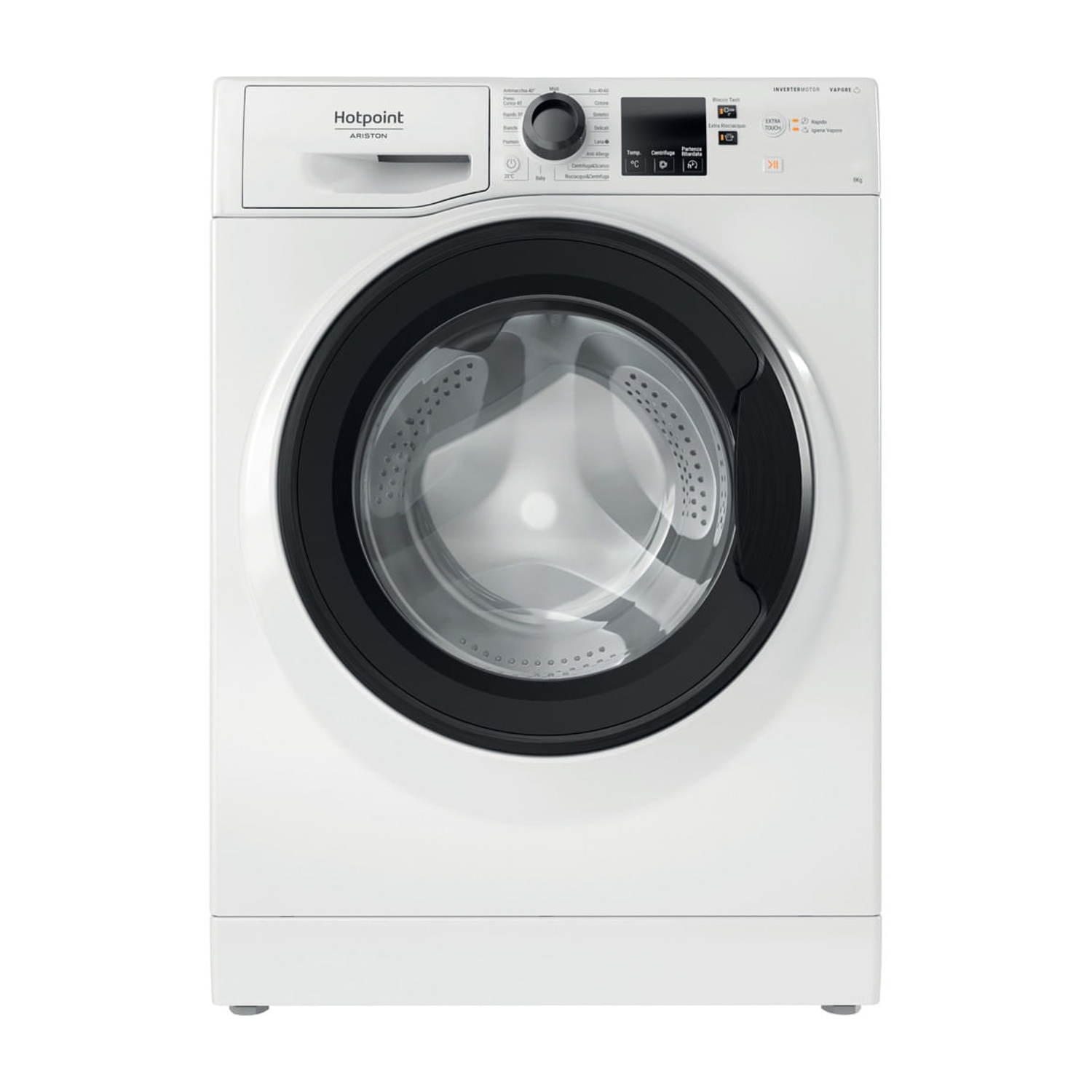 Una lavatrice bianca Hotpoint Ariston con oblò nero e display digitale su sfondo bianco.