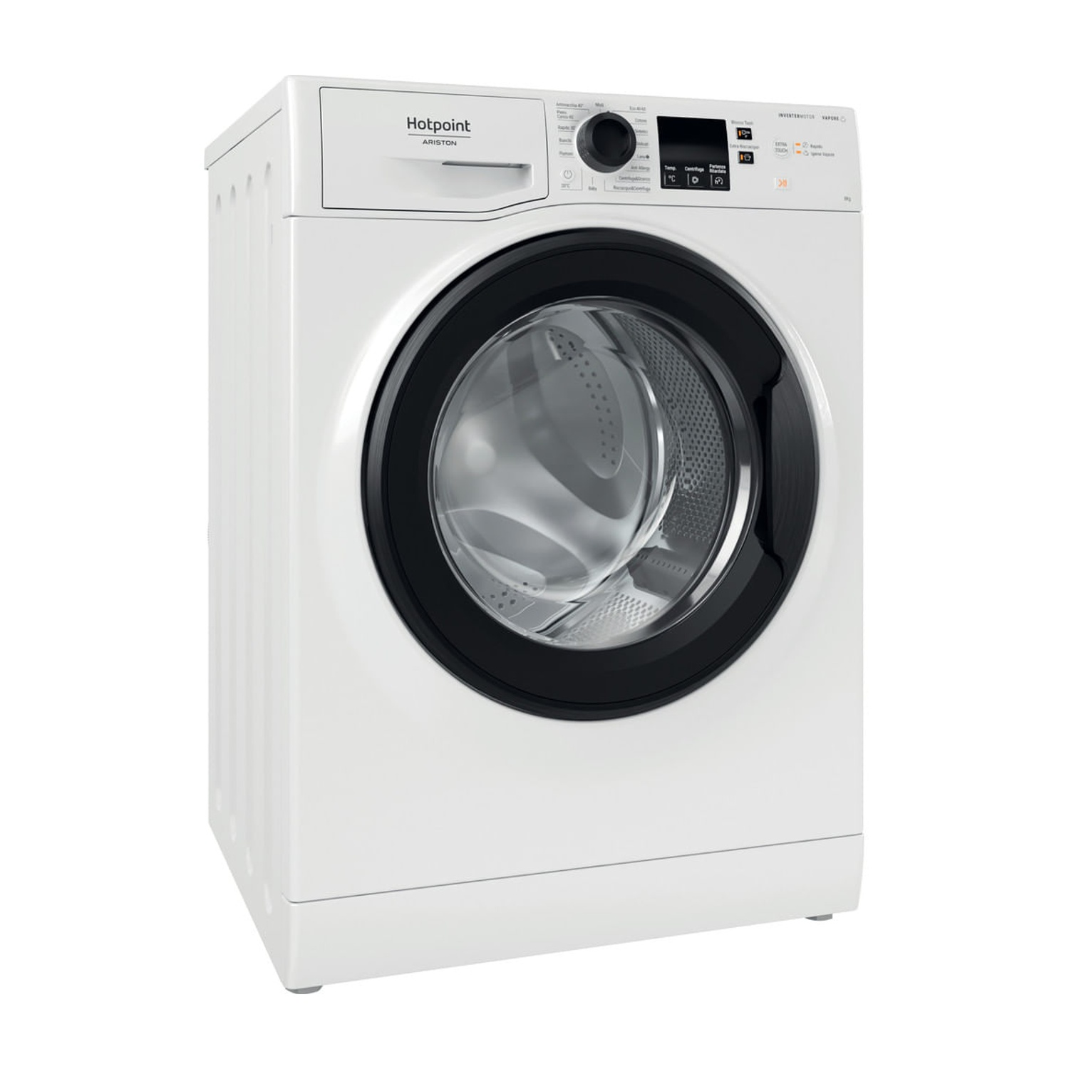 Una lavatrice bianca Hotpoint Ariston con oblò nero e pannello di controllo su sfondo bianco.