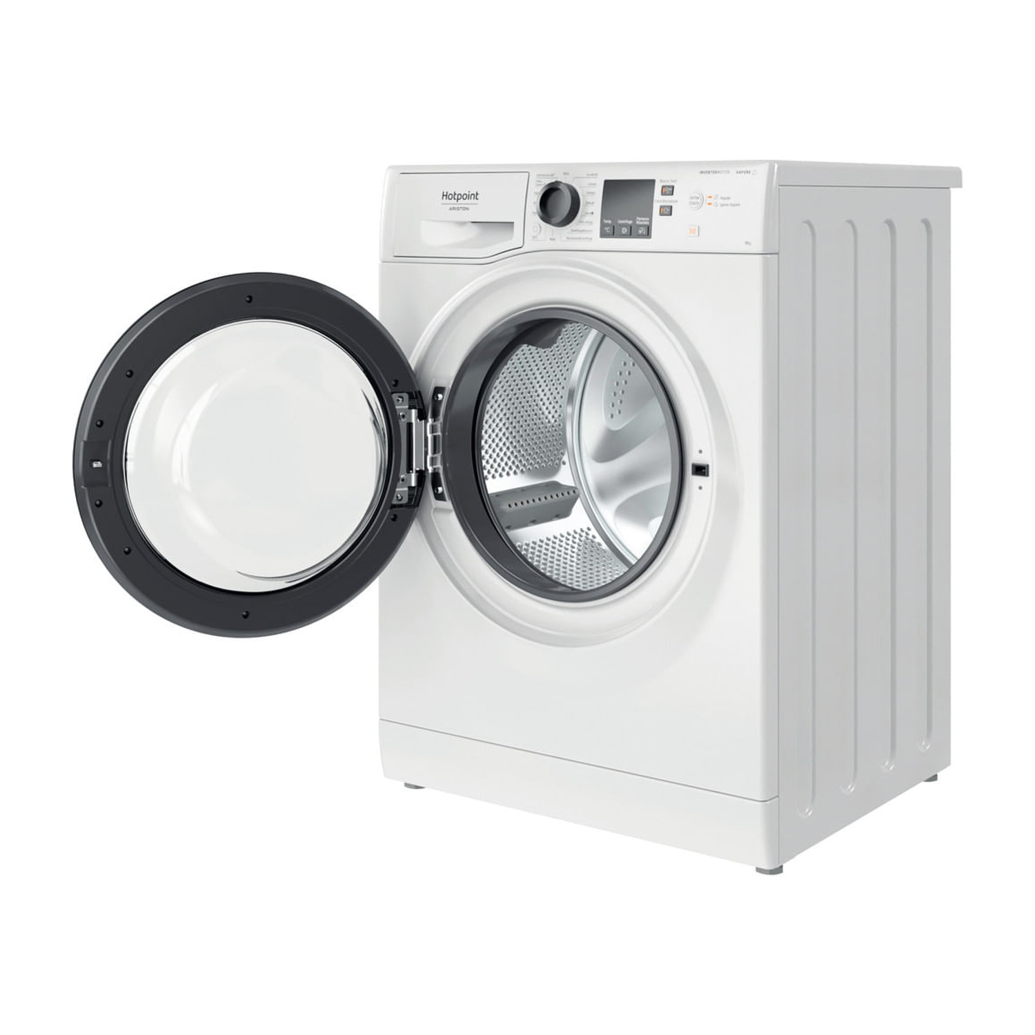Una lavatrice bianca Hotpoint con la porta aperta e il cestello visibile su sfondo bianco.