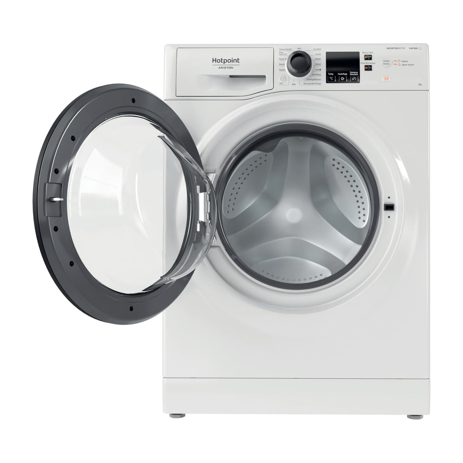 Una lavatrice bianca Hotpoint Ariston con lo sportello in vetro aperto, che mostra il cestello in acciaio.