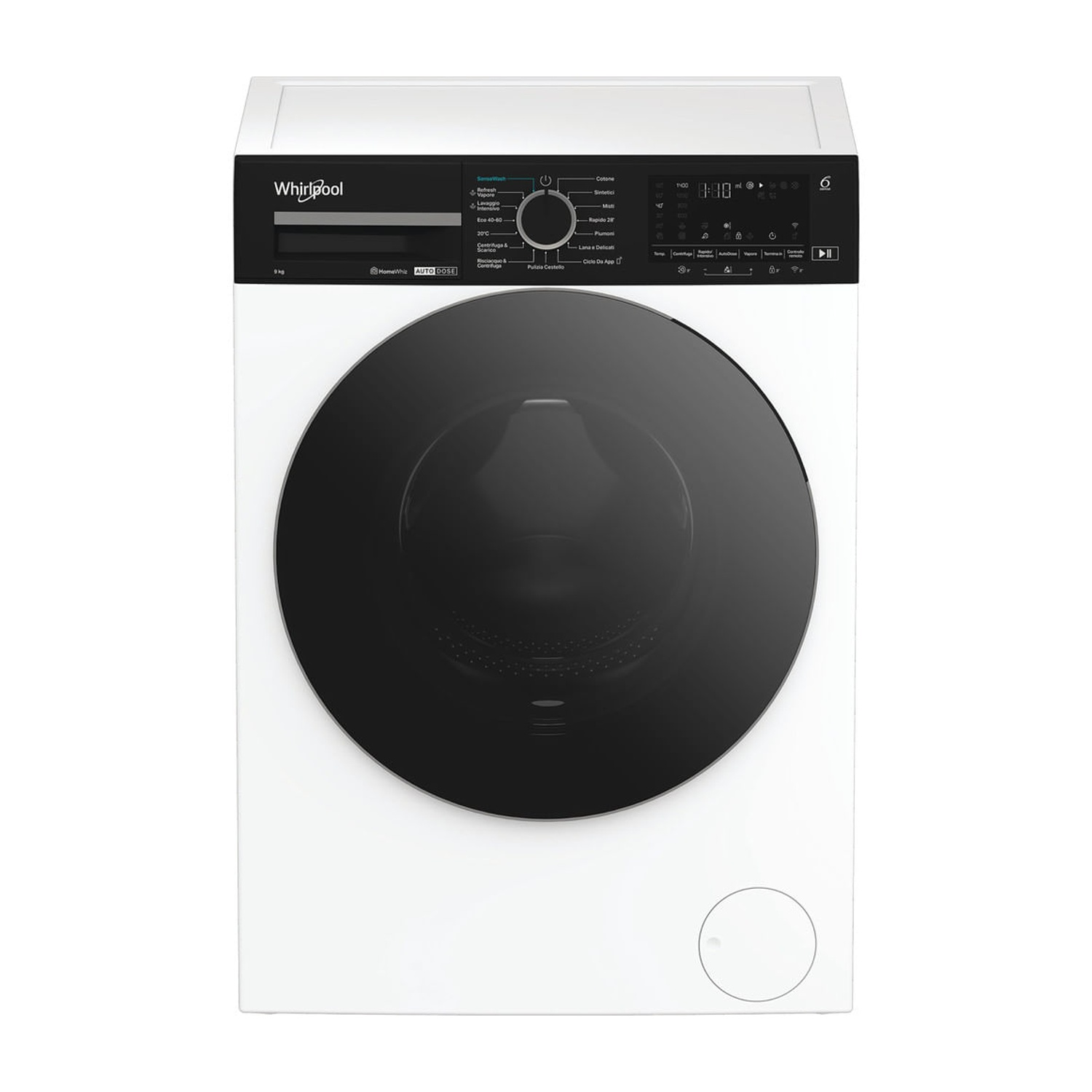 Una lavatrice Whirlpool bianca con pannello di controllo nero e oblò in vetro su sfondo bianco.