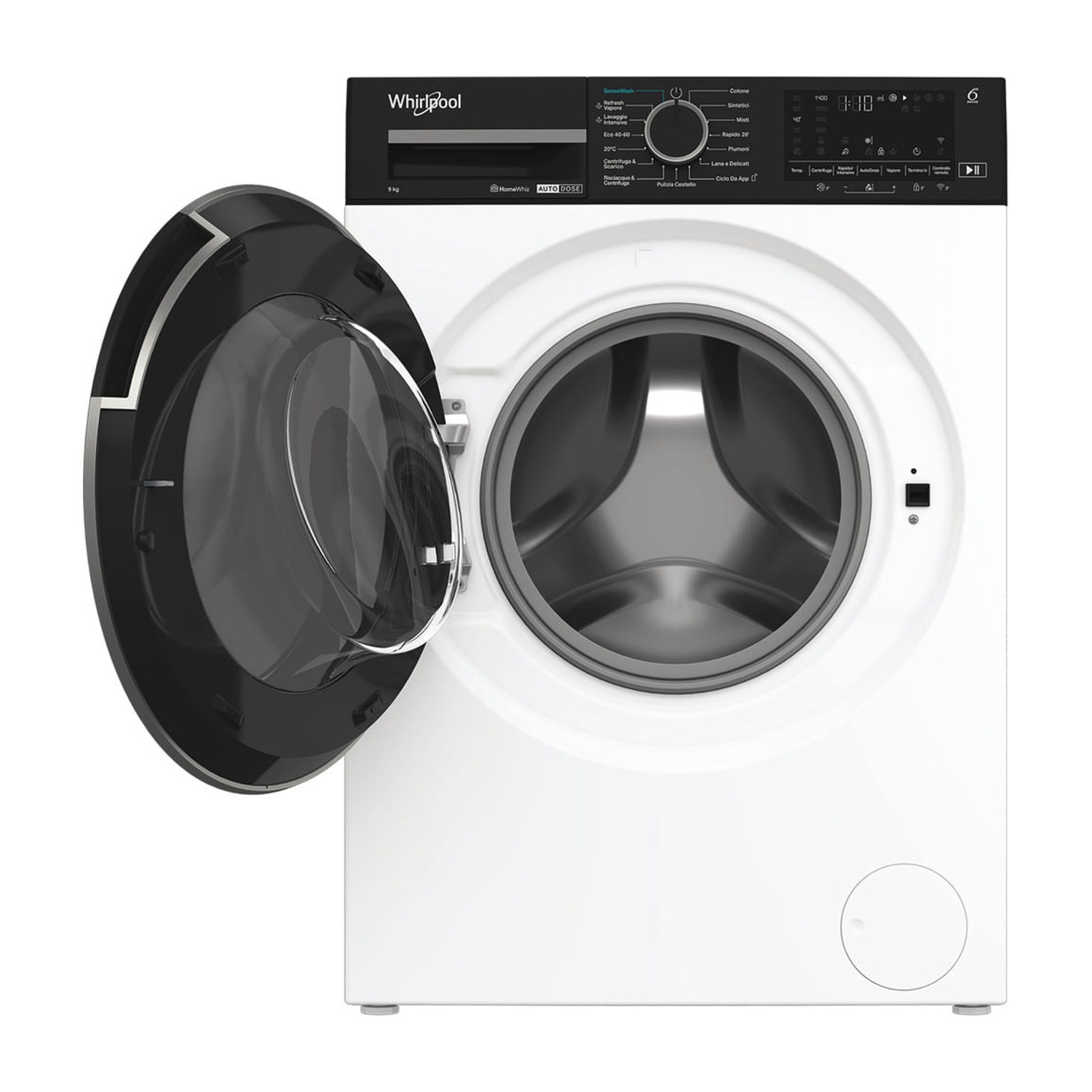 Una lavatrice Whirlpool bianca con pannello di controllo nero e sportello aperto.