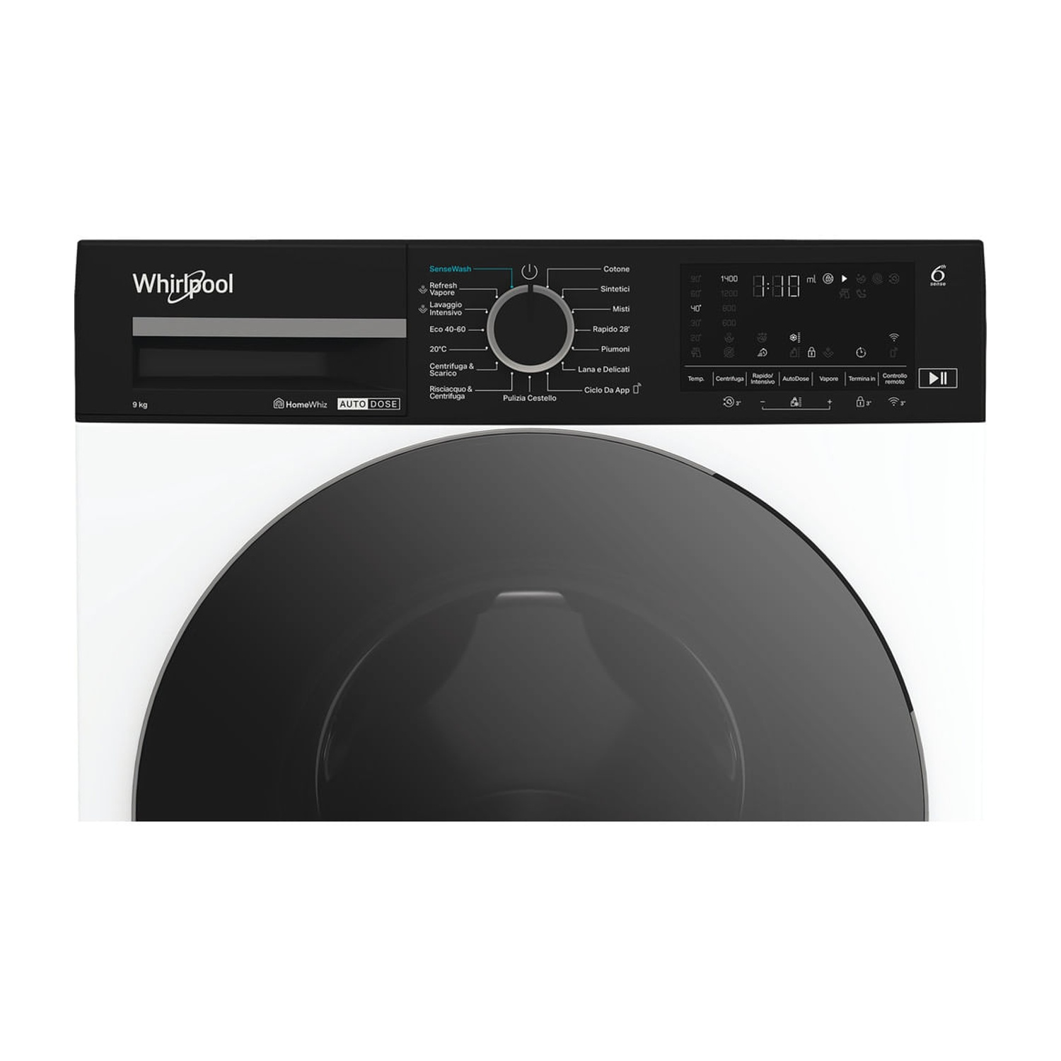 Vista frontale di una lavatrice bianca Whirlpool con pannello di controllo nero e oblò.