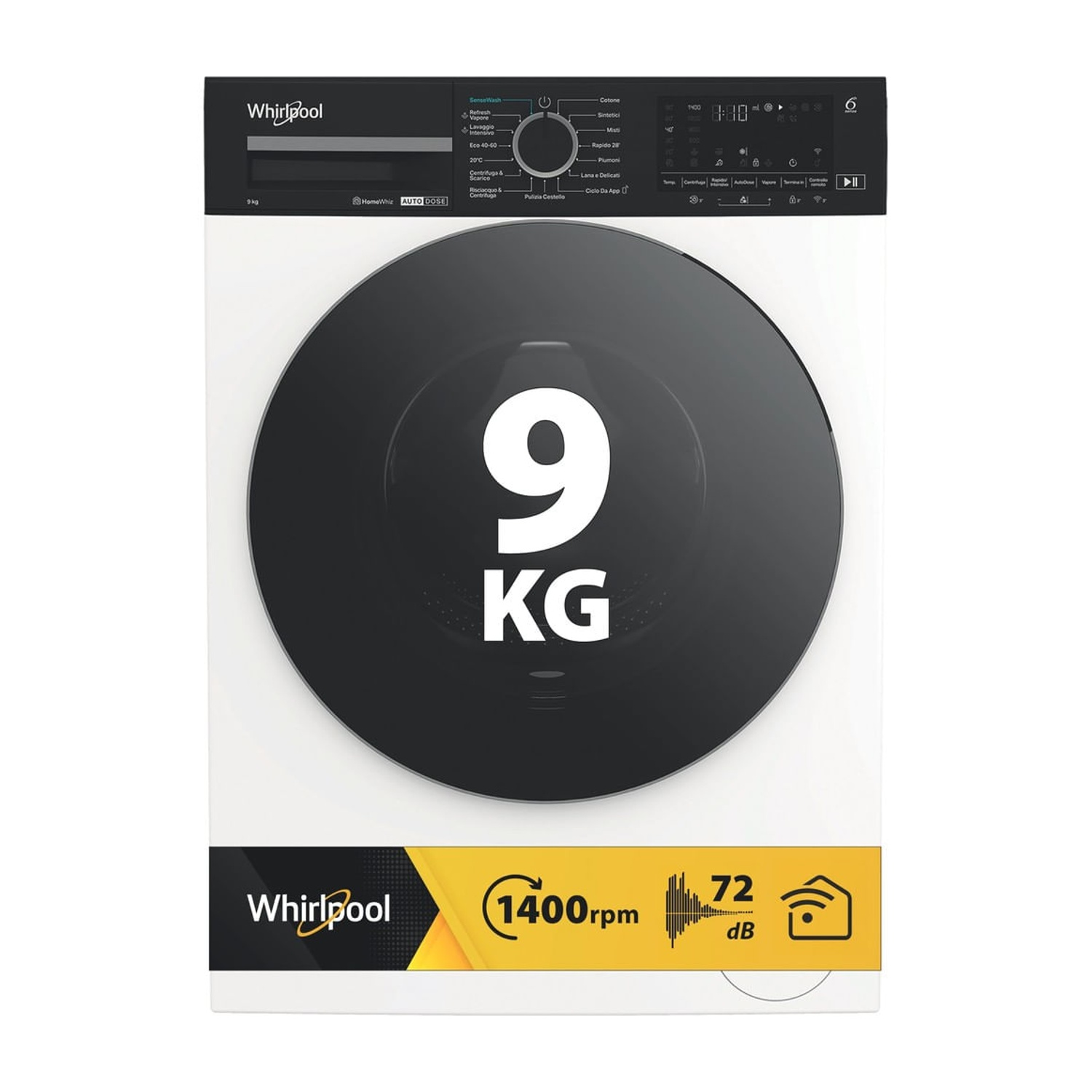 Lavatrice Whirlpool bianca con pannello nero e scritta 9 KG sullo sportello.