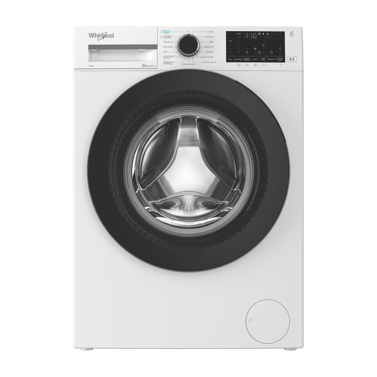 Una lavatrice Whirlpool bianca a carica frontale con display digitale e manopola su sfondo bianco.
