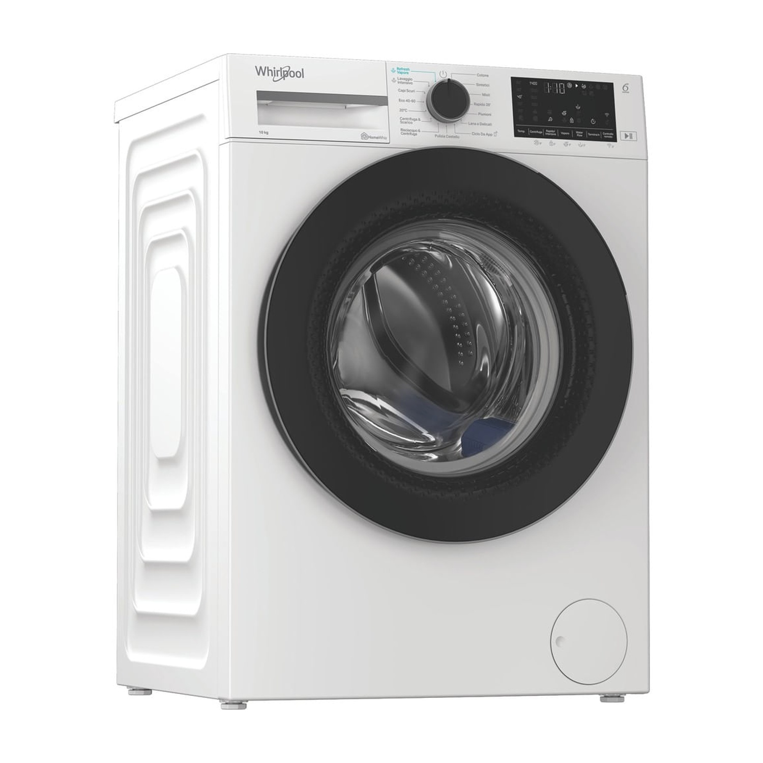 Una lavatrice a carica frontale bianca Whirlpool con display digitale, oblò nero e manopola.