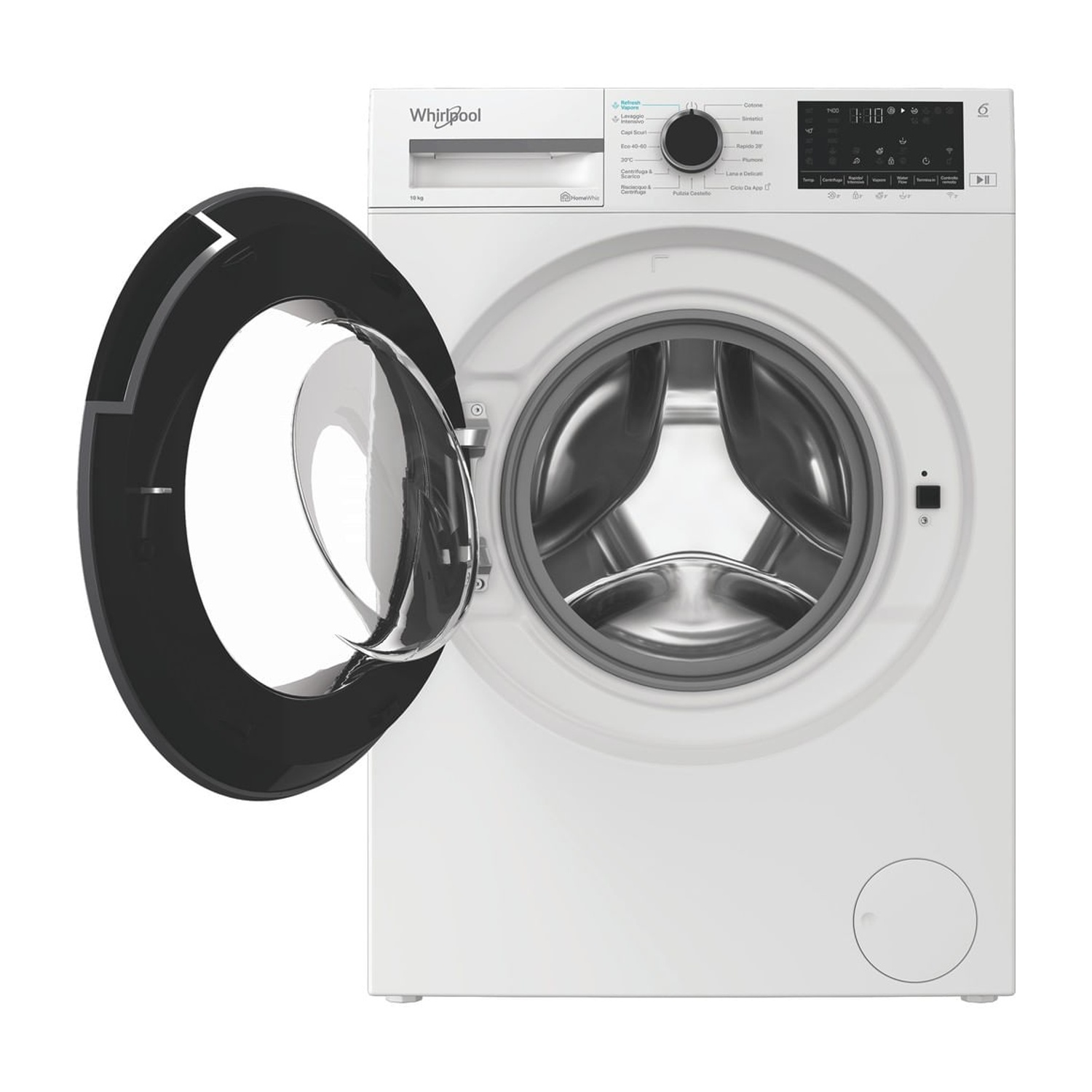 Una lavatrice Whirlpool bianca con la porta di vetro aperta.