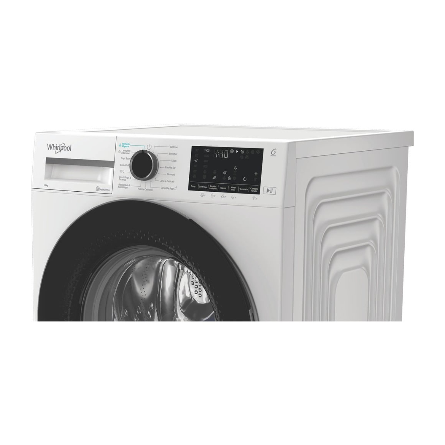 Lavatrice Whirlpool bianca con display digitale, manopola e oblò nero su sfondo bianco.