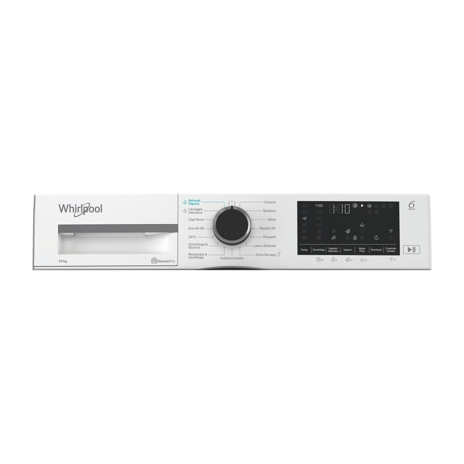 Pannello di controllo bianco di una lavatrice Whirlpool con manopola e display digitale.