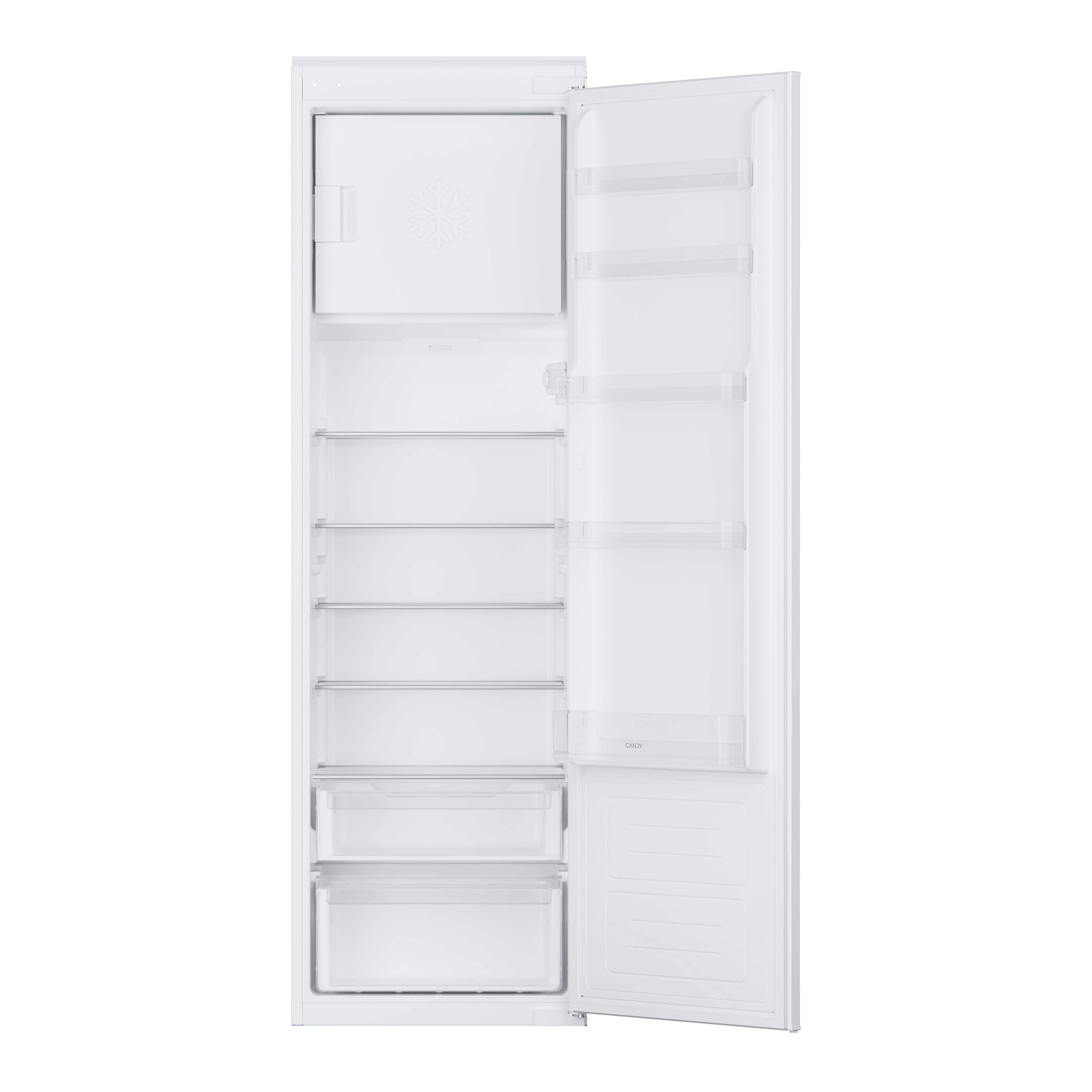 Weißer Einbaukühlschrank mit geöffneter Tür, Innenregalen und Gefrierfach.