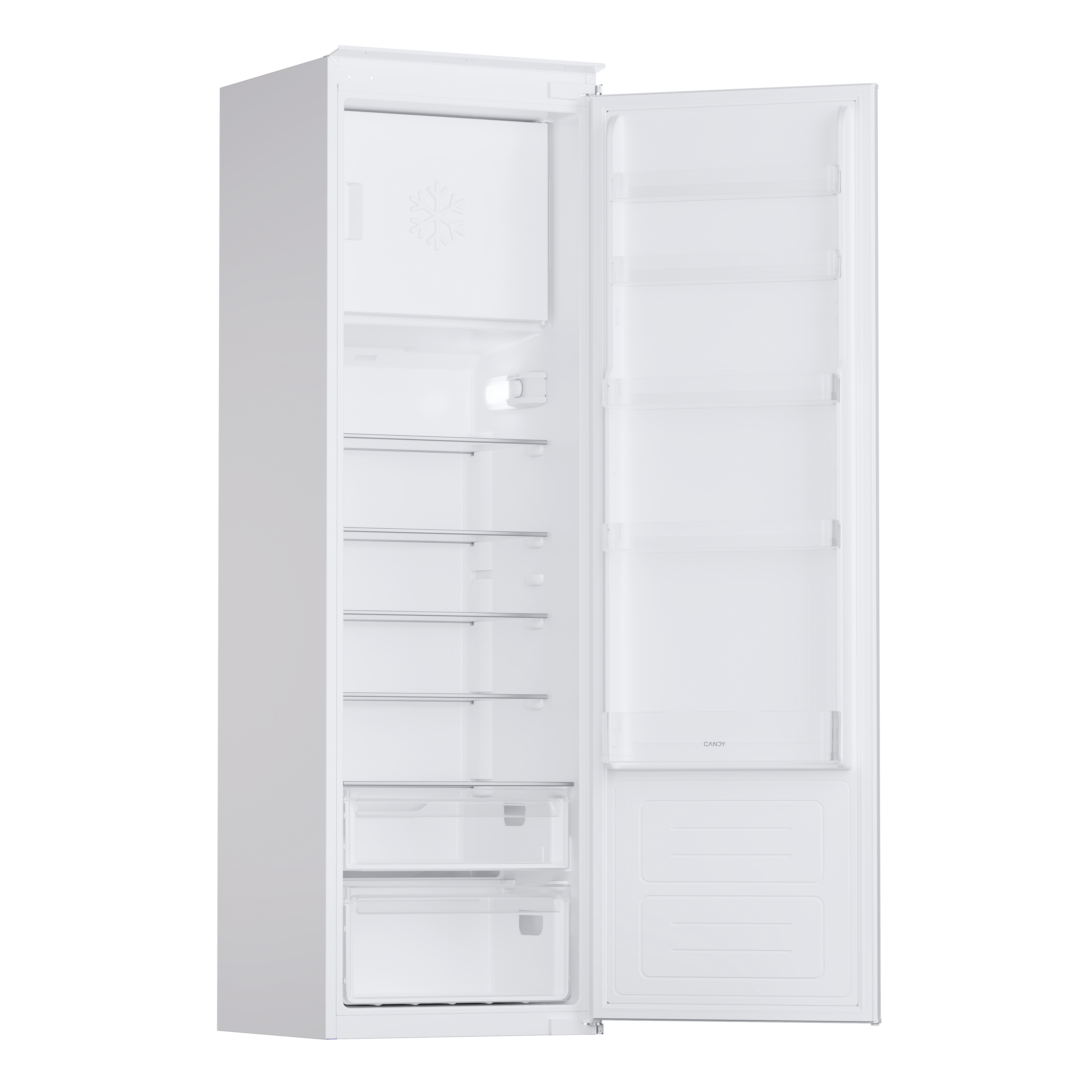 Ein weißer Kühlschrank mit offener Tür, Glasböden, Gemüsefächern und Türablagen.