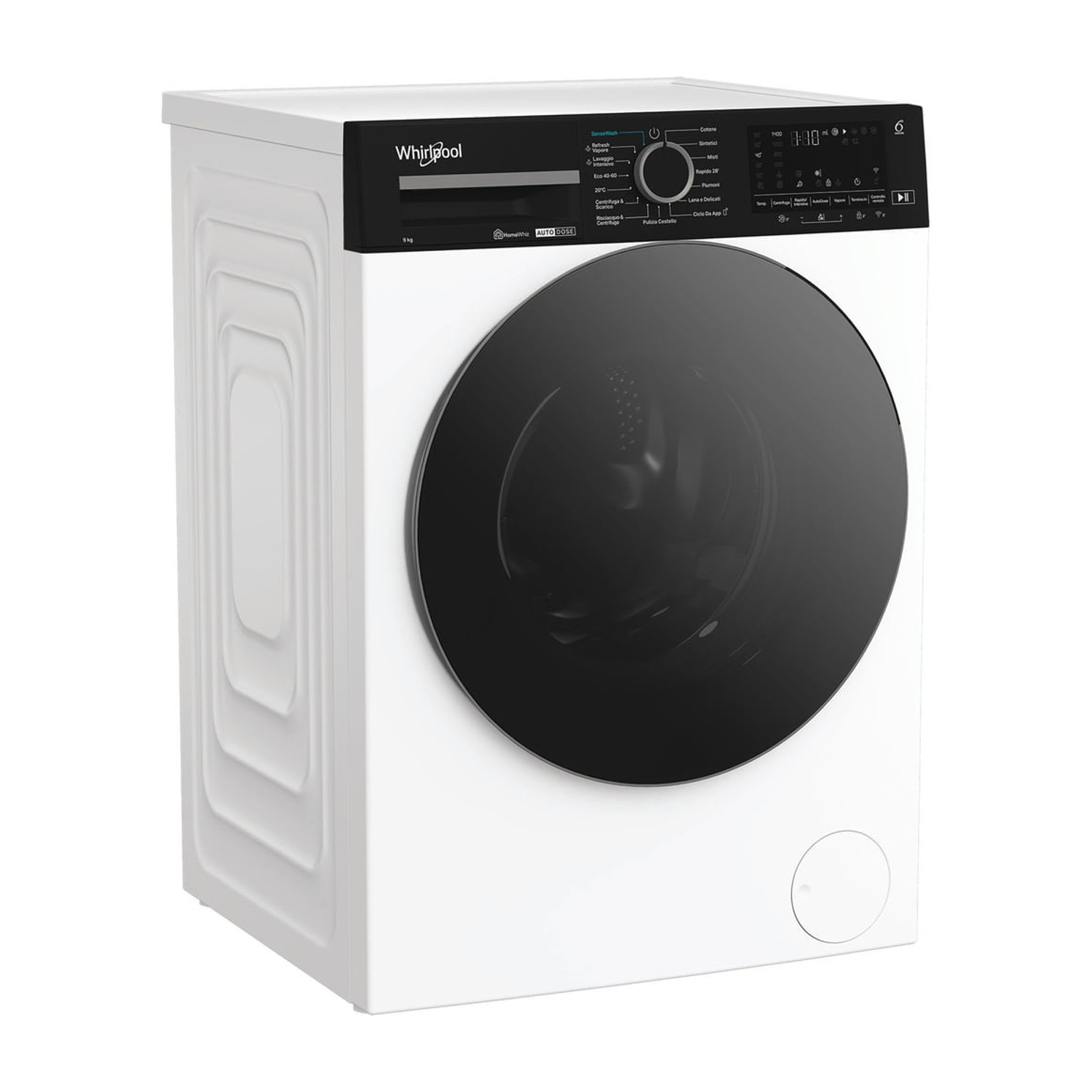 Una lavatrice bianca Whirlpool con pannello di controllo nero e oblò in vetro su sfondo bianco.