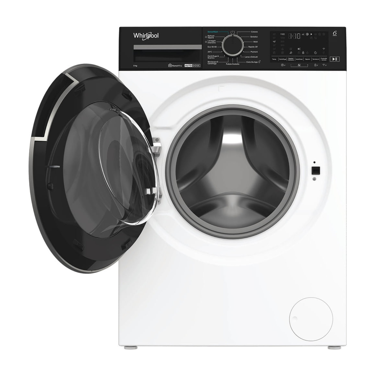 Una lavatrice Whirlpool bianca con pannello di controllo nero e oblò in vetro aperto.