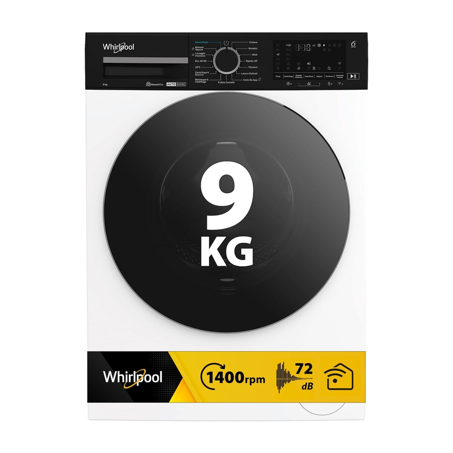 Vista frontale di una lavatrice bianca Whirlpool con pannello di controllo nero e grande porta 9 KG.