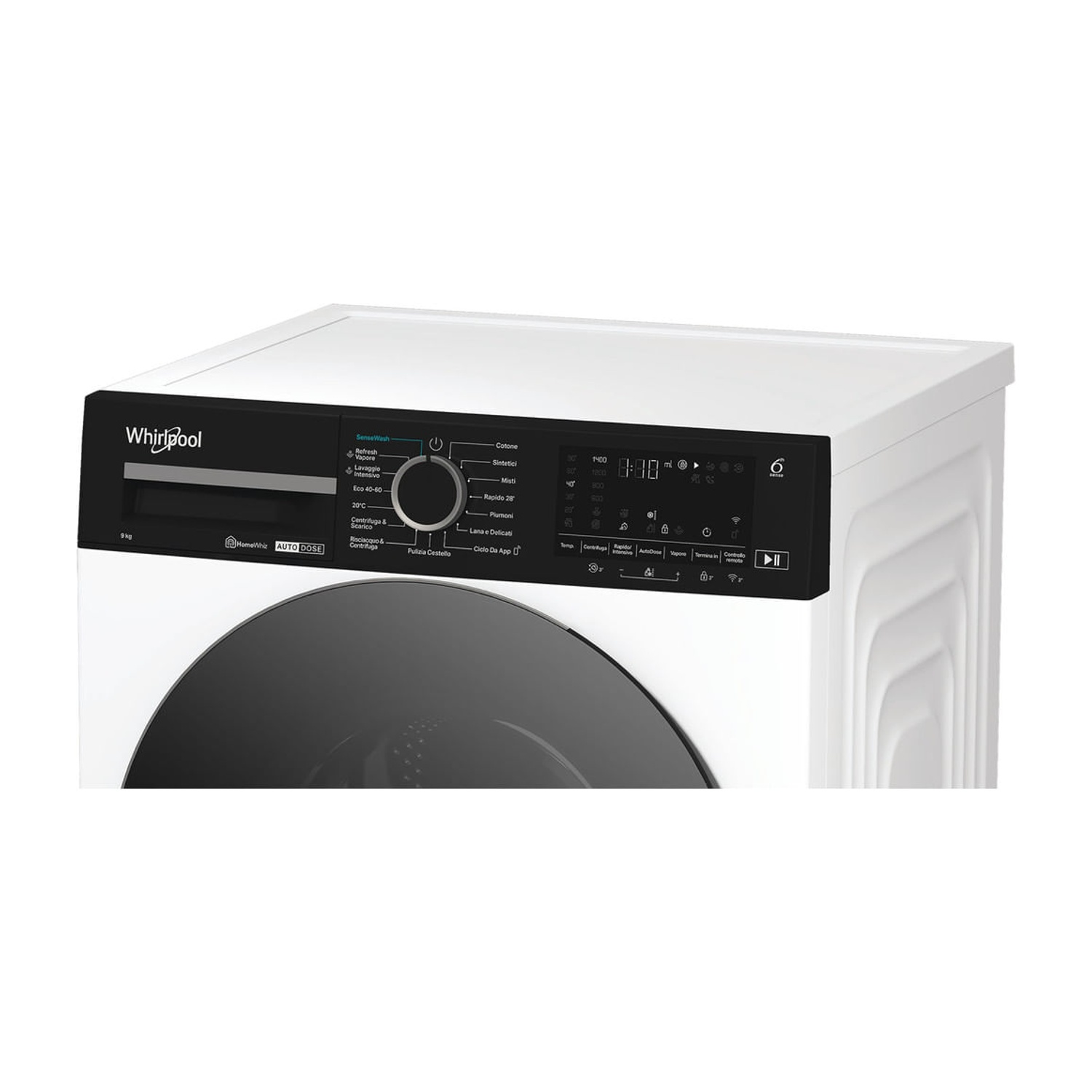 Lavatrice Whirlpool bianca con pannello di controllo nero, manopola e display digitale.