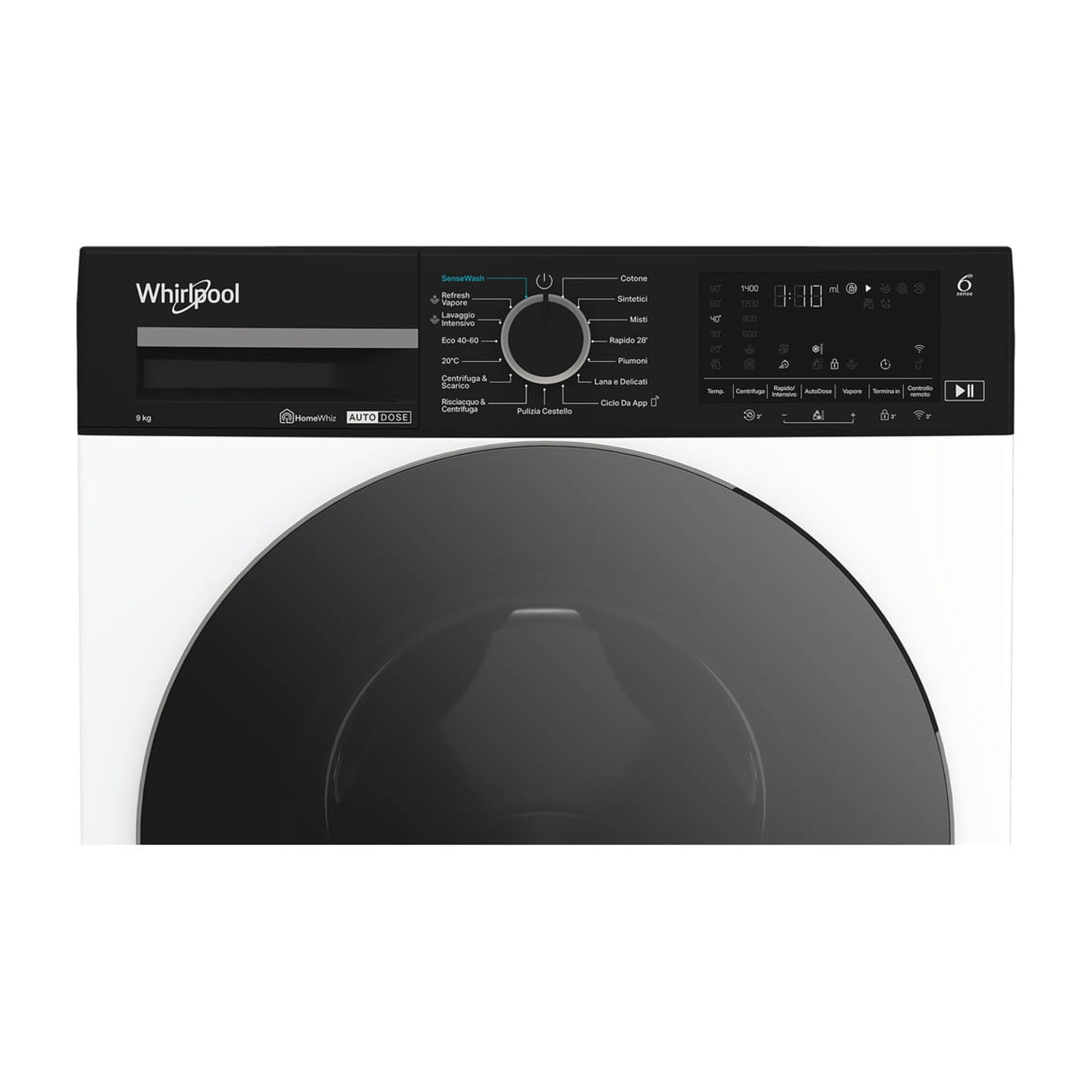 Vista frontale di una lavatrice Whirlpool bianca con pannello di controllo nero e oblò grande.