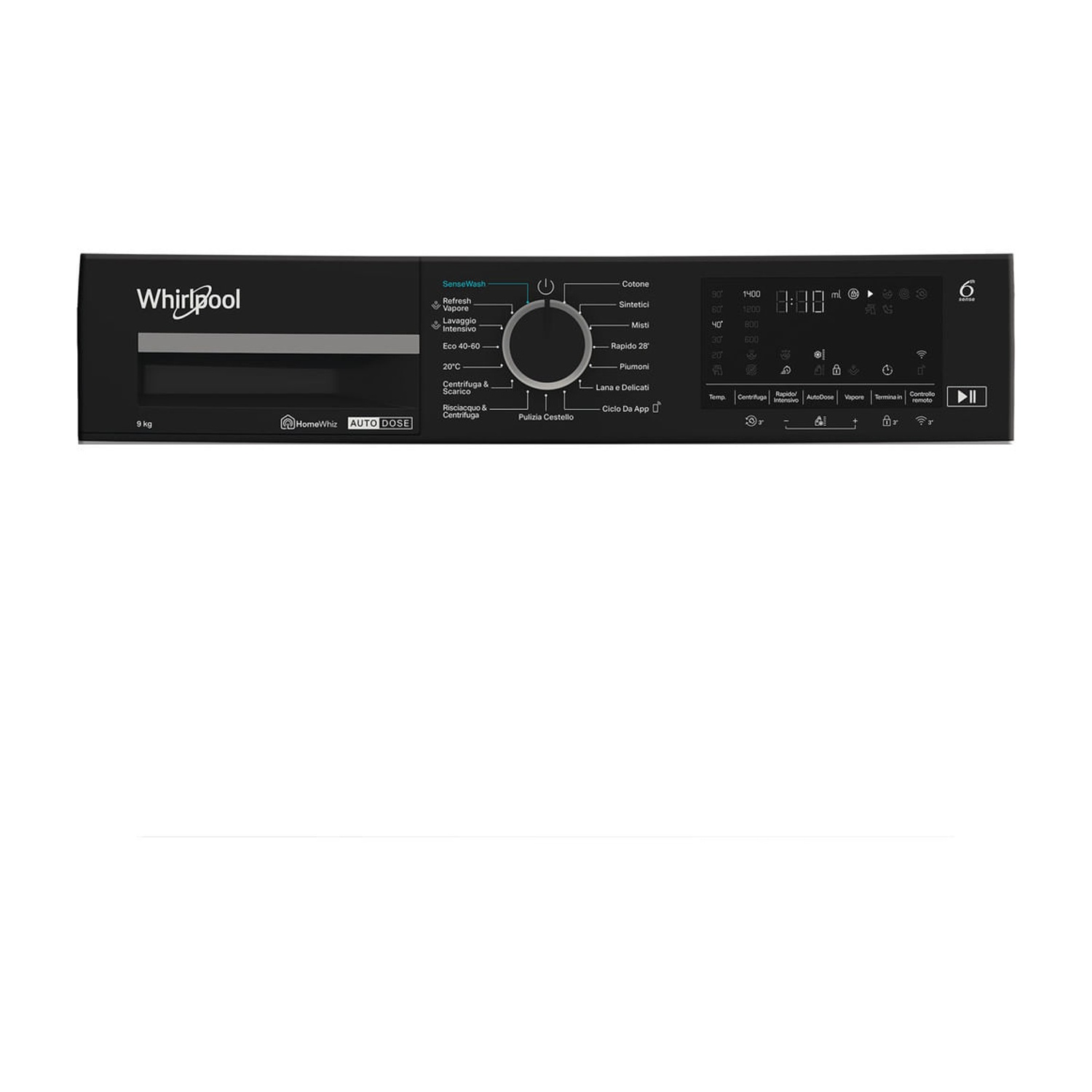 Pannello di controllo nero di una lavatrice Whirlpool con manopola e display digitale.