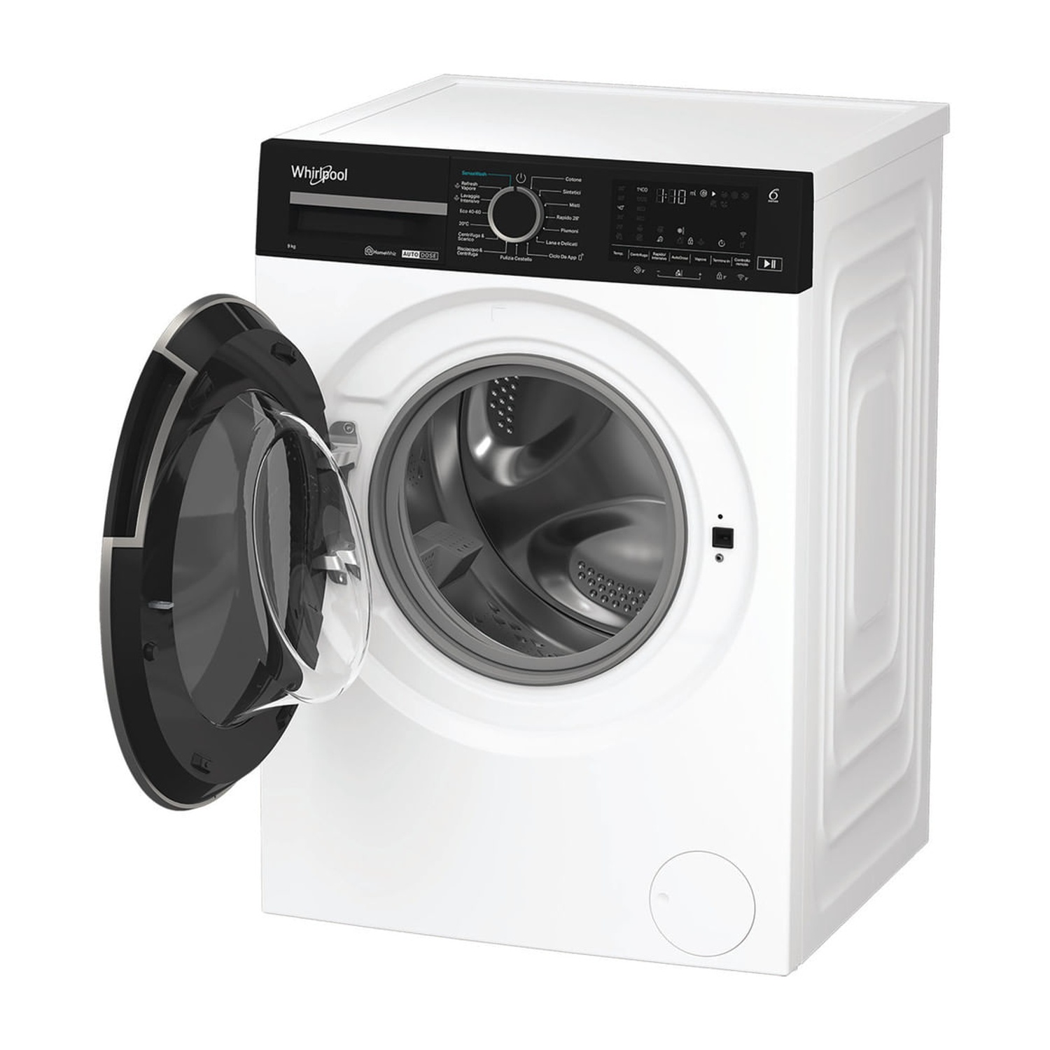 Una lavatrice Whirlpool bianca con pannello di controllo nero e sportello in vetro aperto su sfondo bianco.