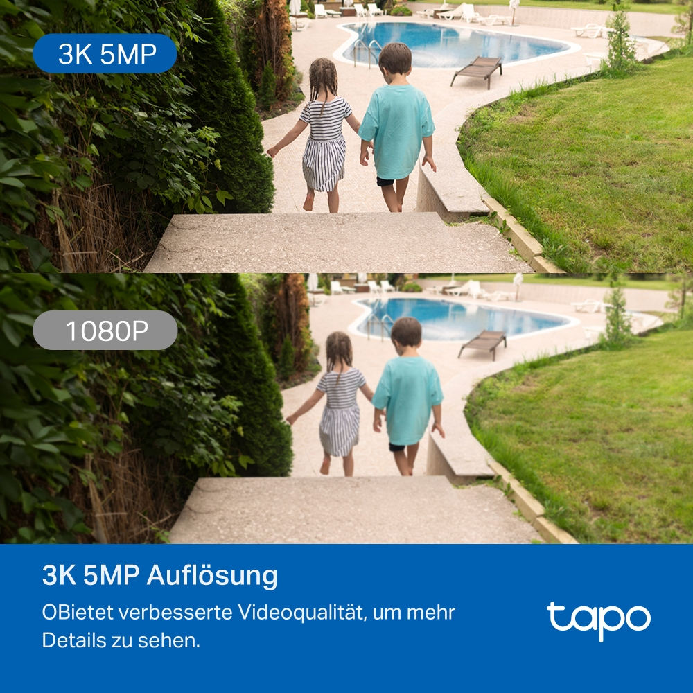 Vergleichsbild: Zwei Kinder laufen auf einem Weg zu einem Swimmingpool, oben in 3K 5MP und unten in 1080P.