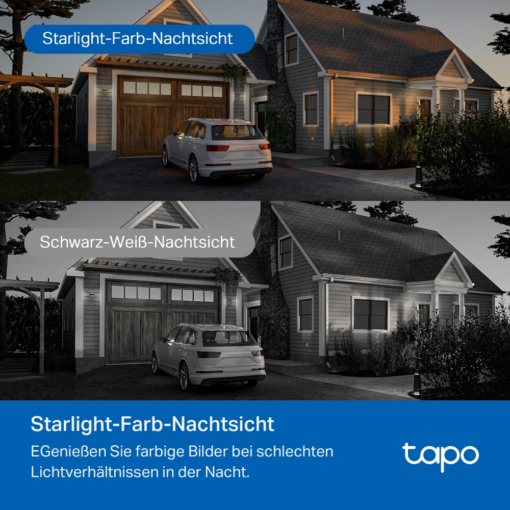 Vergleich eines Hauses bei Nacht in Farb- und Schwarz-Weiß-Nachtsicht.