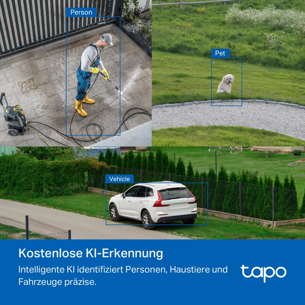 Tapo-Werbung zeigt KI-Erkennung für Personen, Haustiere und Fahrzeuge.